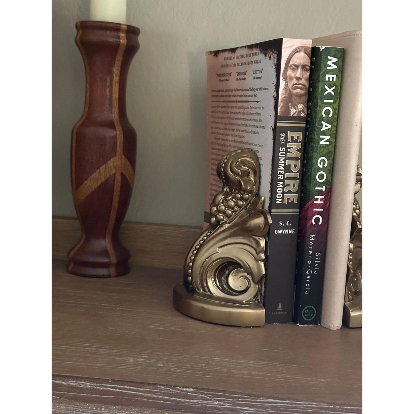 Vintage PM Craftsman Gold Scroll Bookends - Ornate Classical Decorative Book Holders