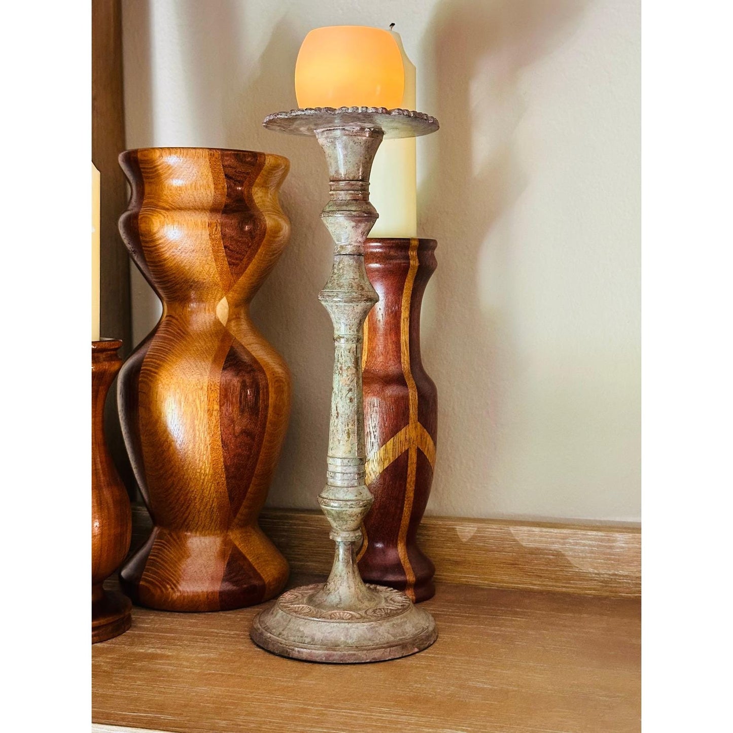 Pair of Vintage Distressed Metal Candlestick Holder - Rustic Antique-Style Home Décor