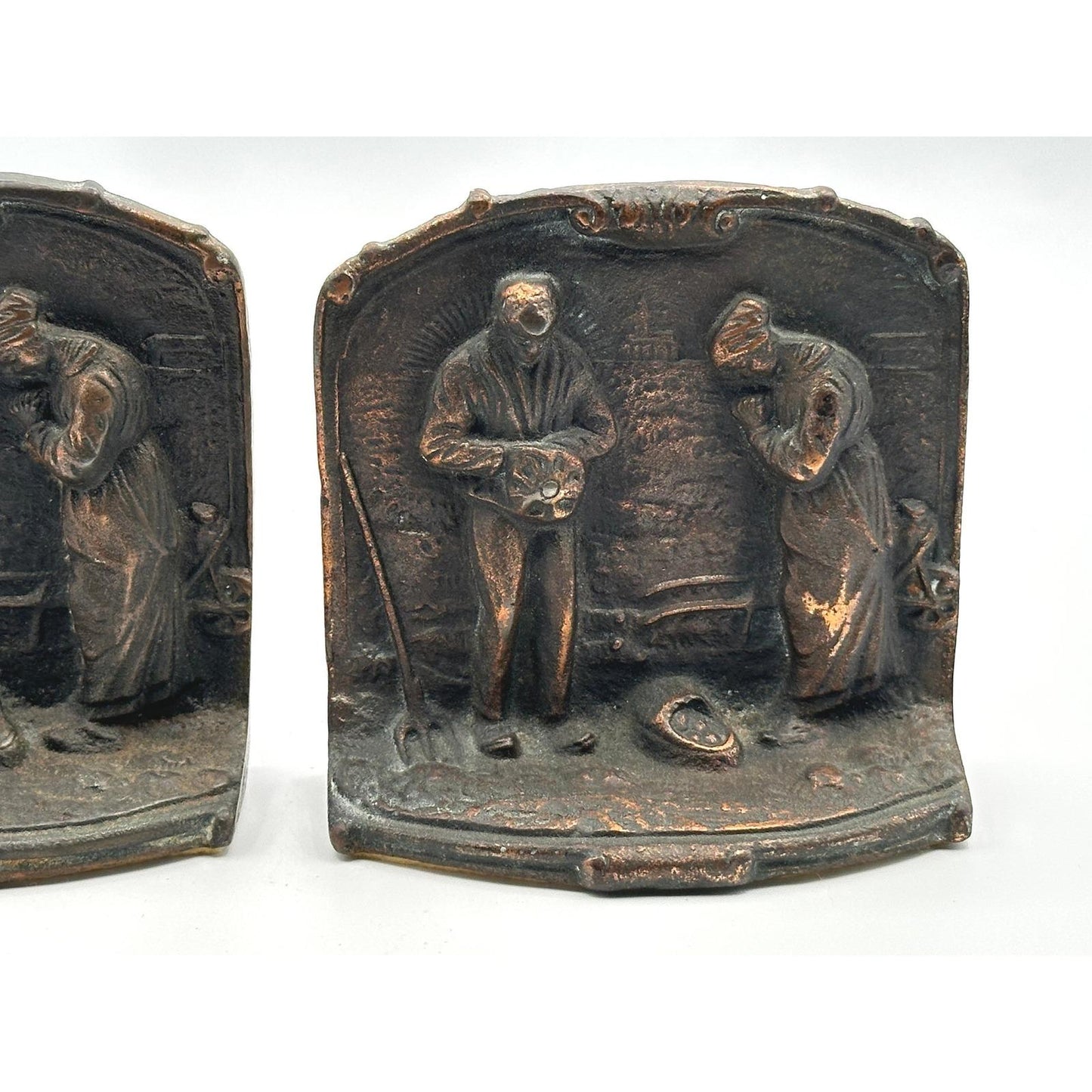 Vintage Rustic Bronze Finish Book Holder Pair - The Angelus by Millet