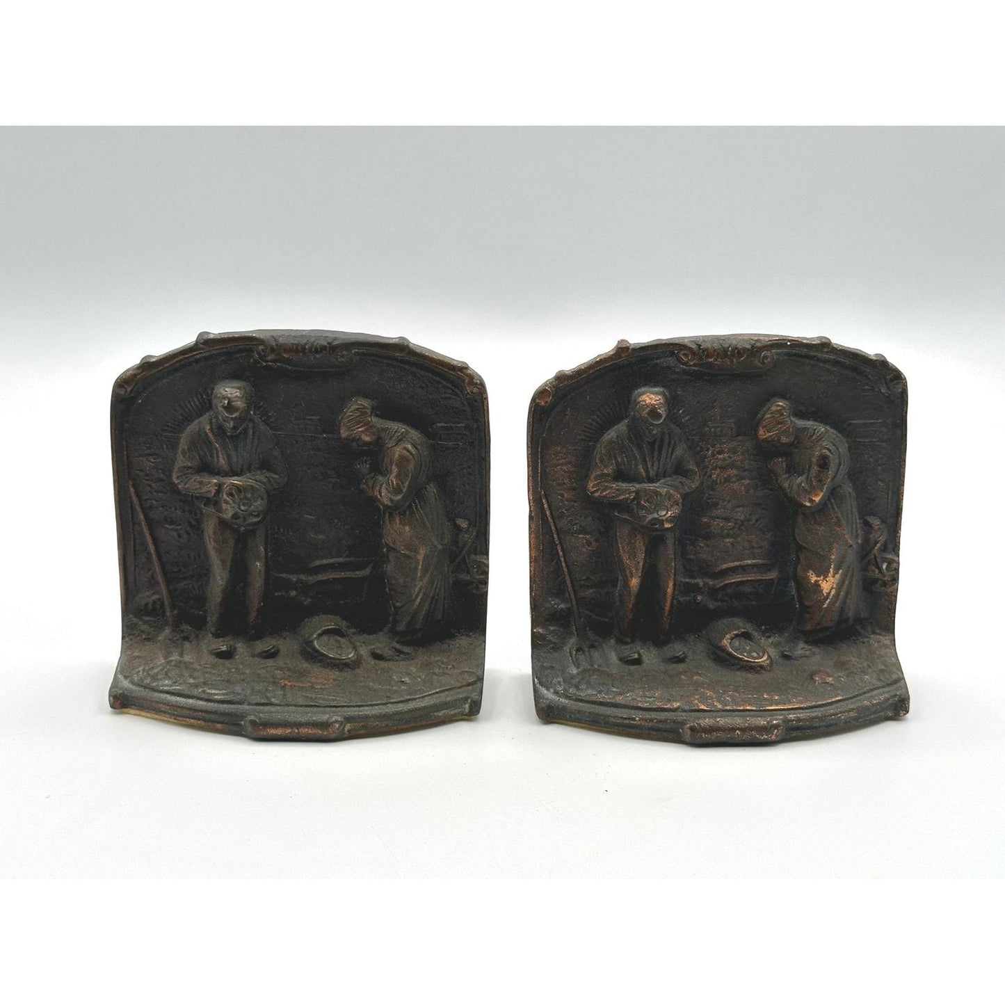Vintage Rustic Bronze Finish Book Holder Pair - The Angelus by Millet