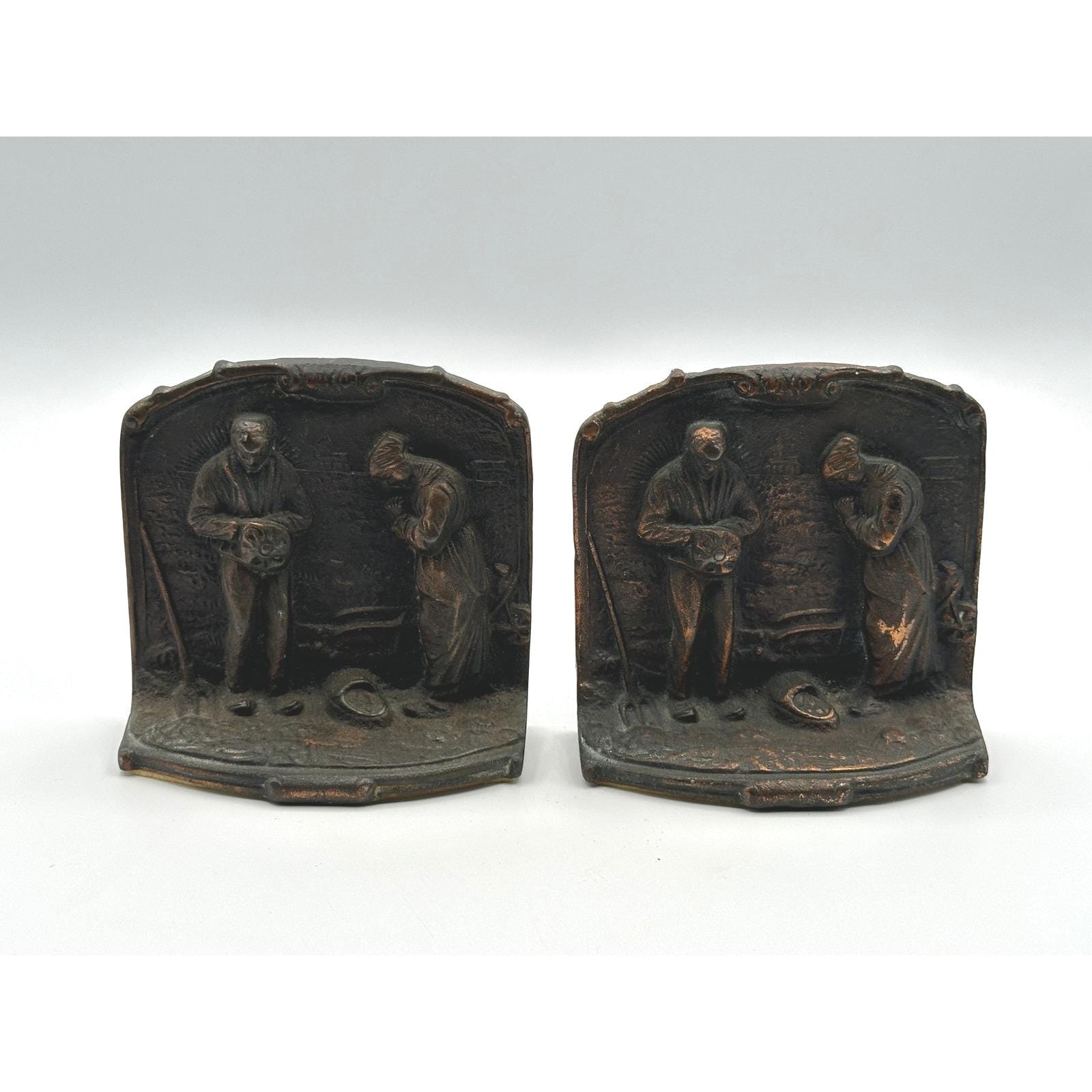 Vintage Rustic Bronze Finish Book Holder Pair - The Angelus by Millet