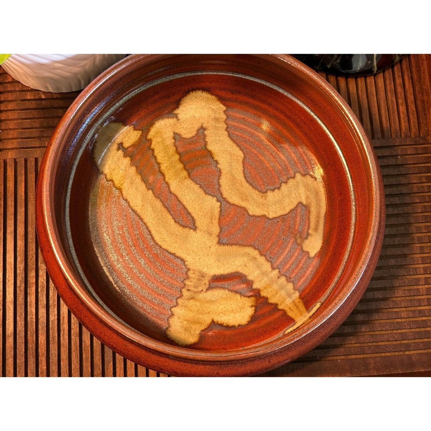Handmade Studio Pottery Bowl 8 Inch Ceramic Abstract Glaze Design Artisan Crafted Serving Dish