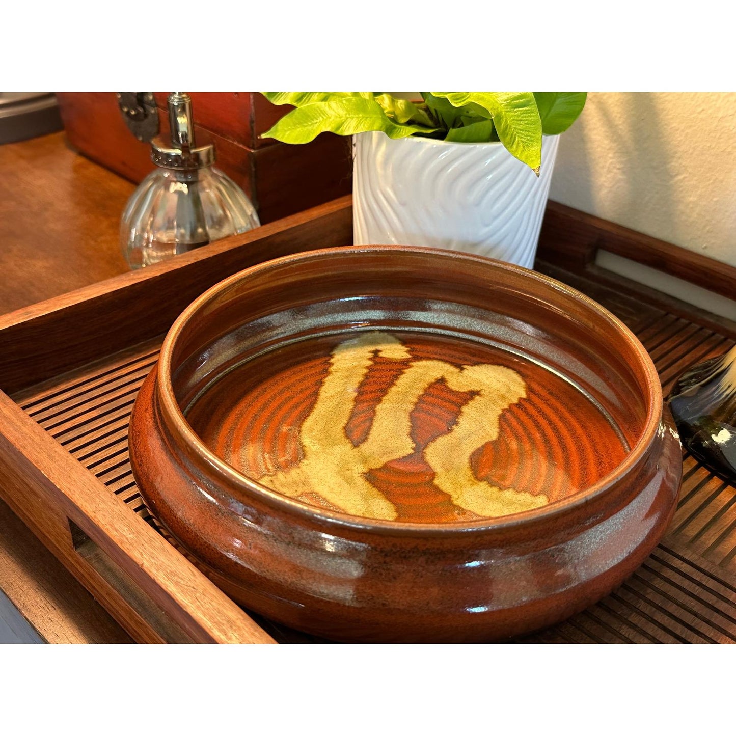 Handmade Studio Pottery Bowl 8 Inch Ceramic Abstract Glaze Design Artisan Crafted Serving Dish