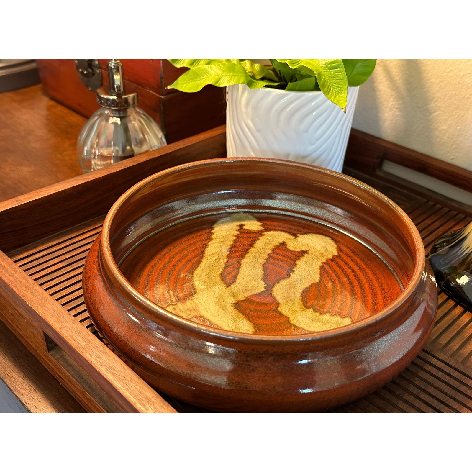 Handmade Studio Pottery Bowl 8 Inch Ceramic Abstract Glaze Design Artisan Crafted Serving Dish