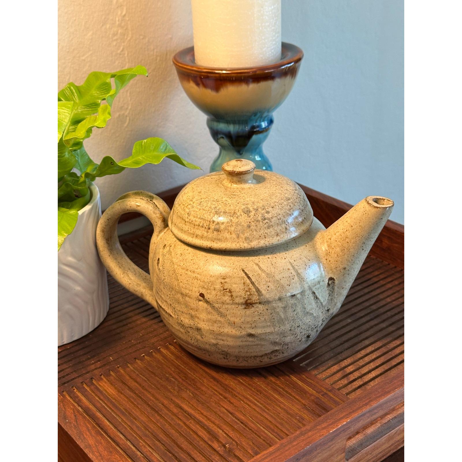 Handmade Studio Pottery Teapot – Speckled Beige Stoneware with Brushstroke Glaze