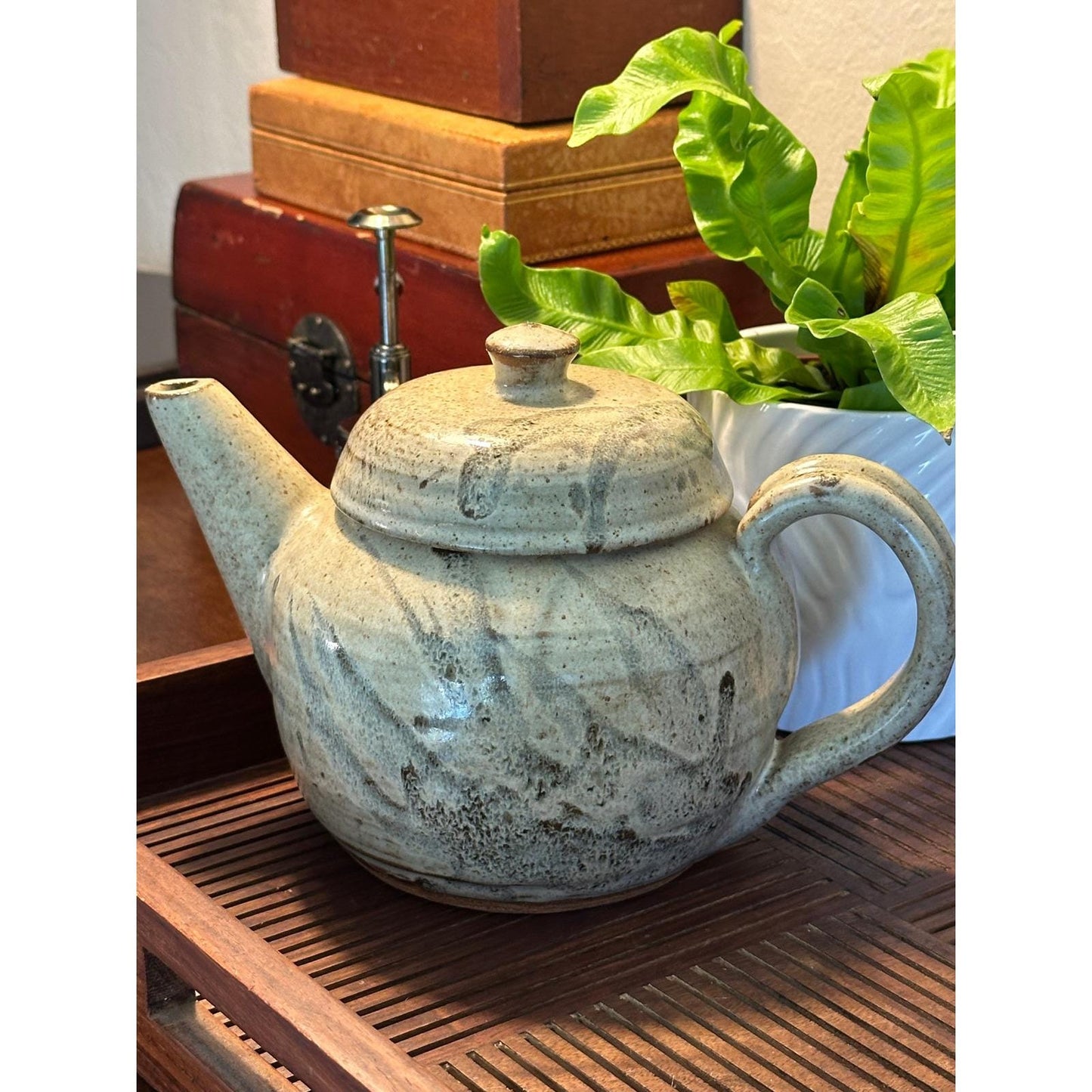 Handmade Studio Pottery Teapot – Speckled Beige Stoneware with Brushstroke Glaze