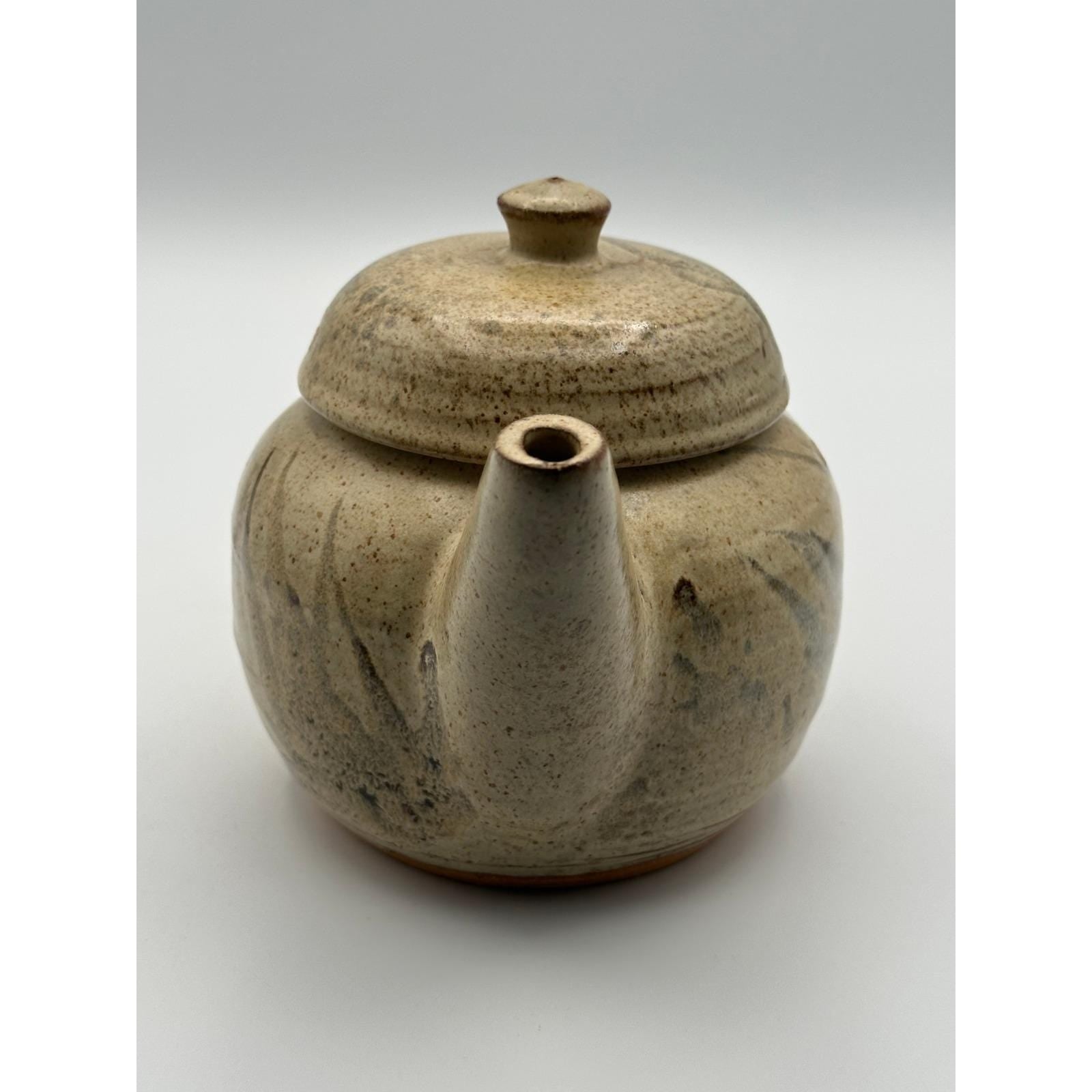 Handmade Studio Pottery Teapot – Speckled Beige Stoneware with Brushstroke Glaze