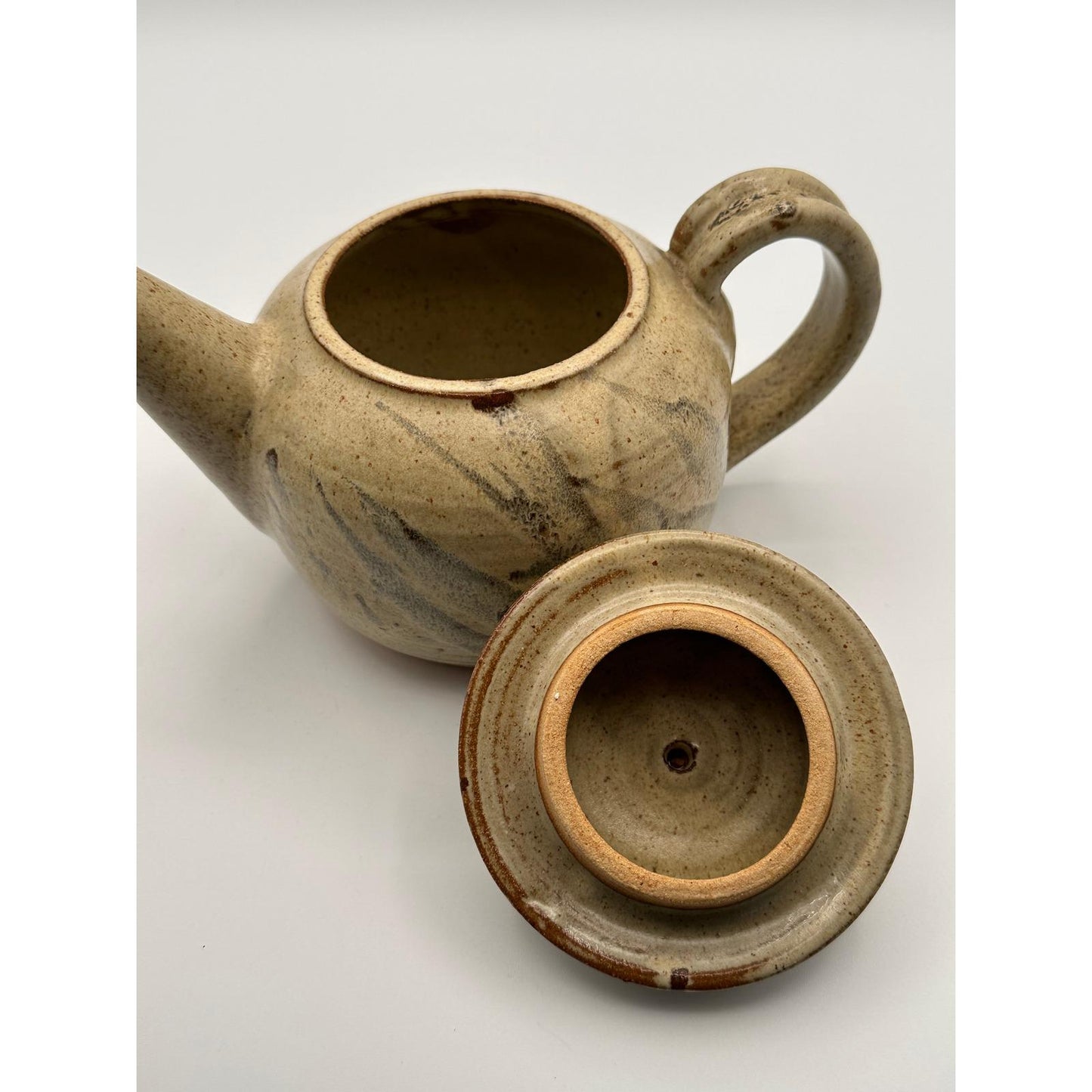 Handmade Studio Pottery Teapot – Speckled Beige Stoneware with Brushstroke Glaze