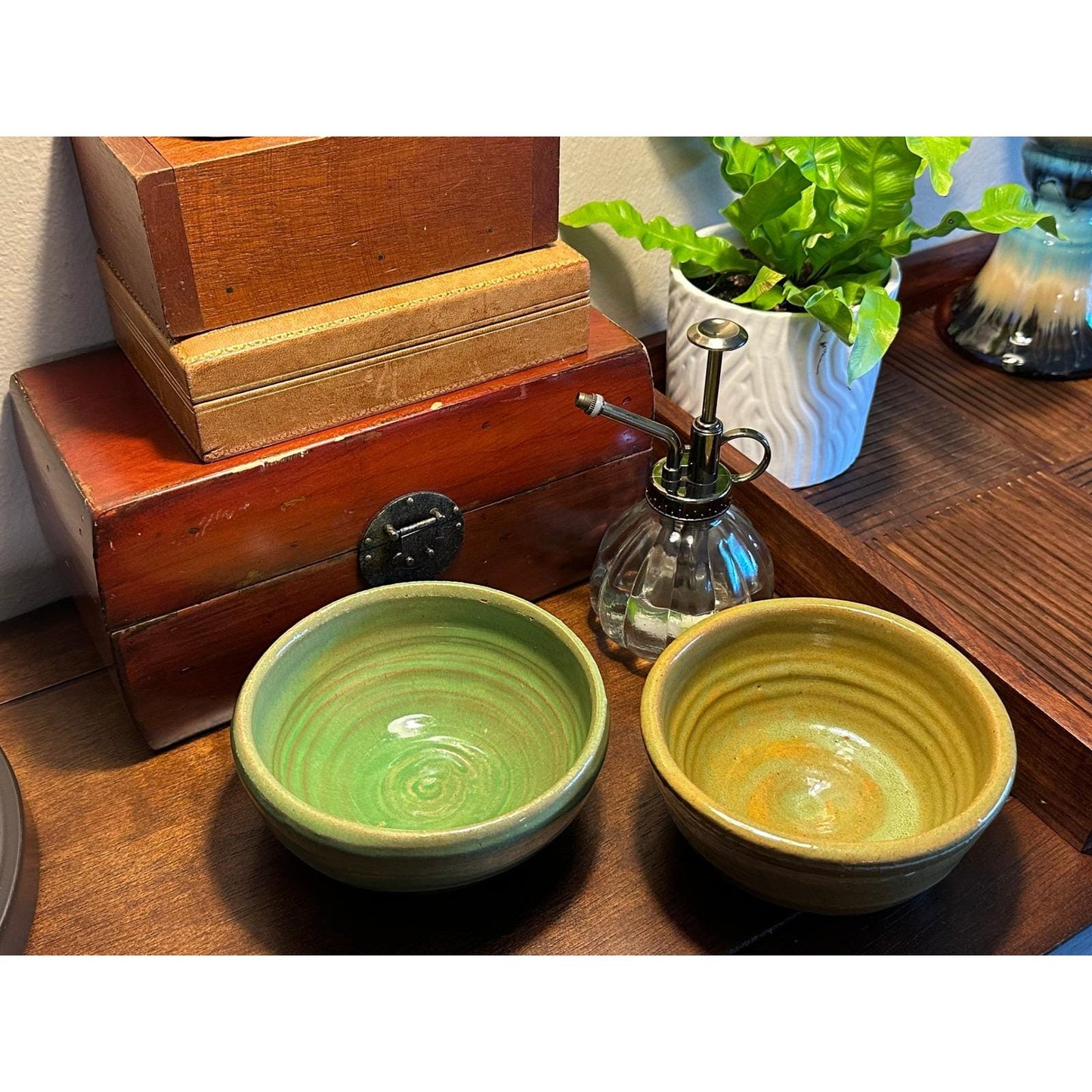 Handmade Artisan Pottery Bowl Set - Stoneware Green Earth-Tone Glaze Kitchen Dinnerware