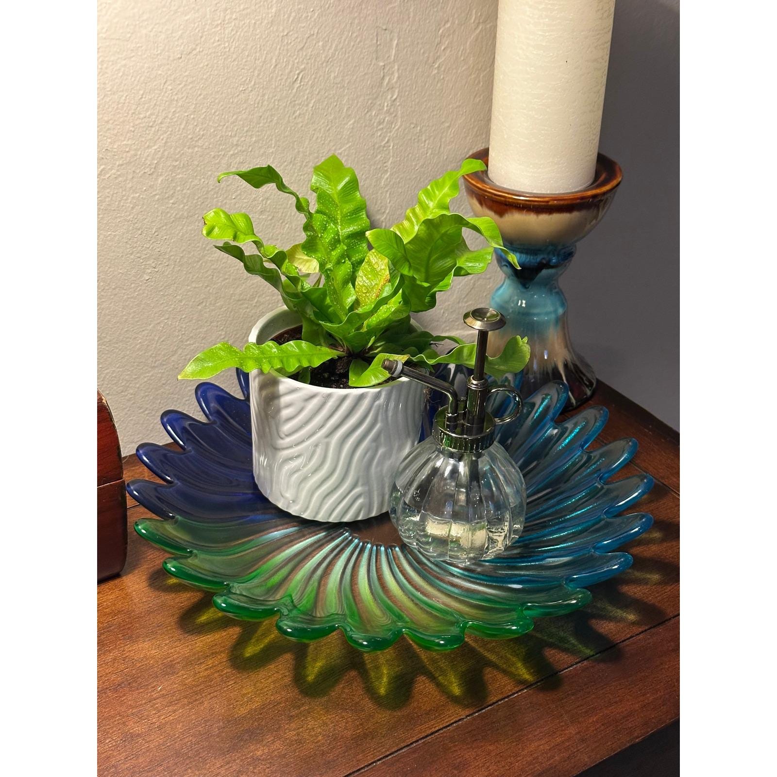 Vintage Walther Scalloped Glass Platter Blue Green Purple Large Serving Tray Mid Century Modern