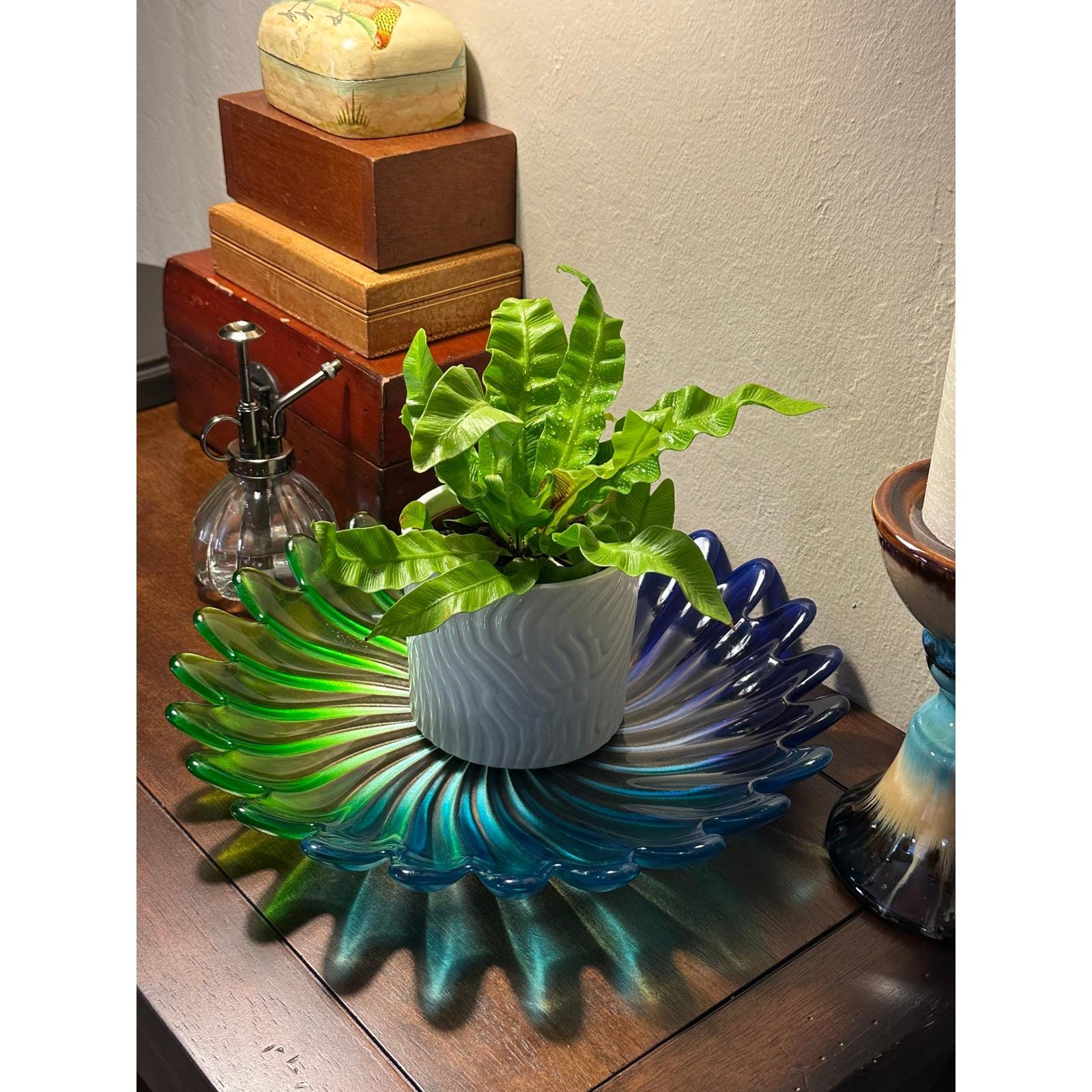 Vintage Walther Scalloped Glass Platter Blue Green Purple Large Serving Tray Mid Century Modern