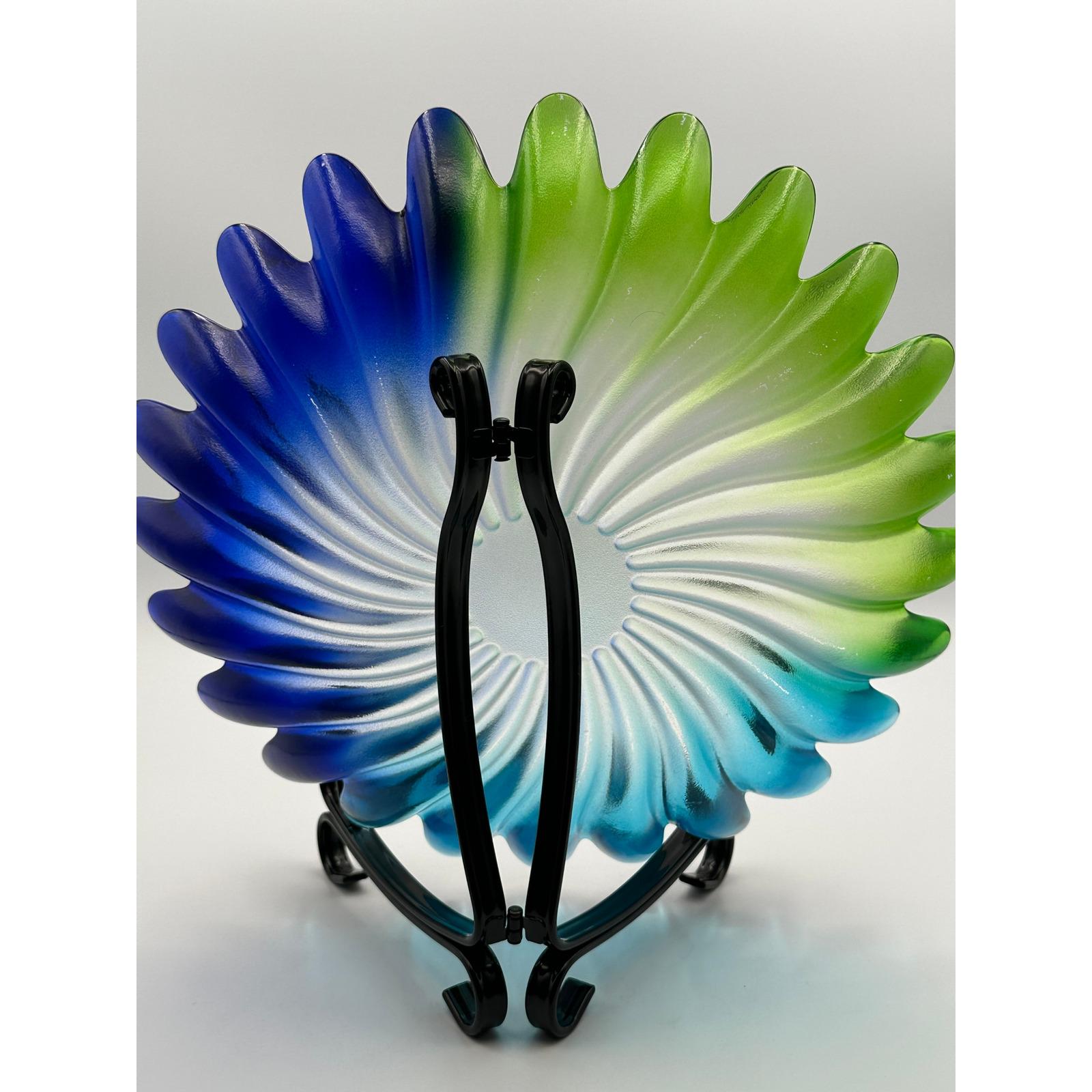 Vintage Walther Scalloped Glass Platter Blue Green Purple Large Serving Tray Mid Century Modern