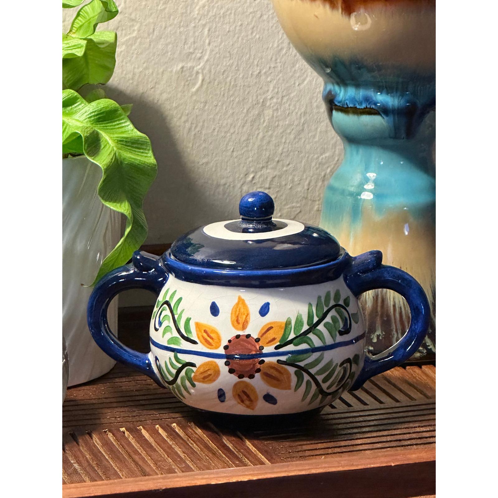 Hand-Painted El Salvador Pottery Sugar Bowl with Lid - Signed El Carte Ceramic Kitchenware