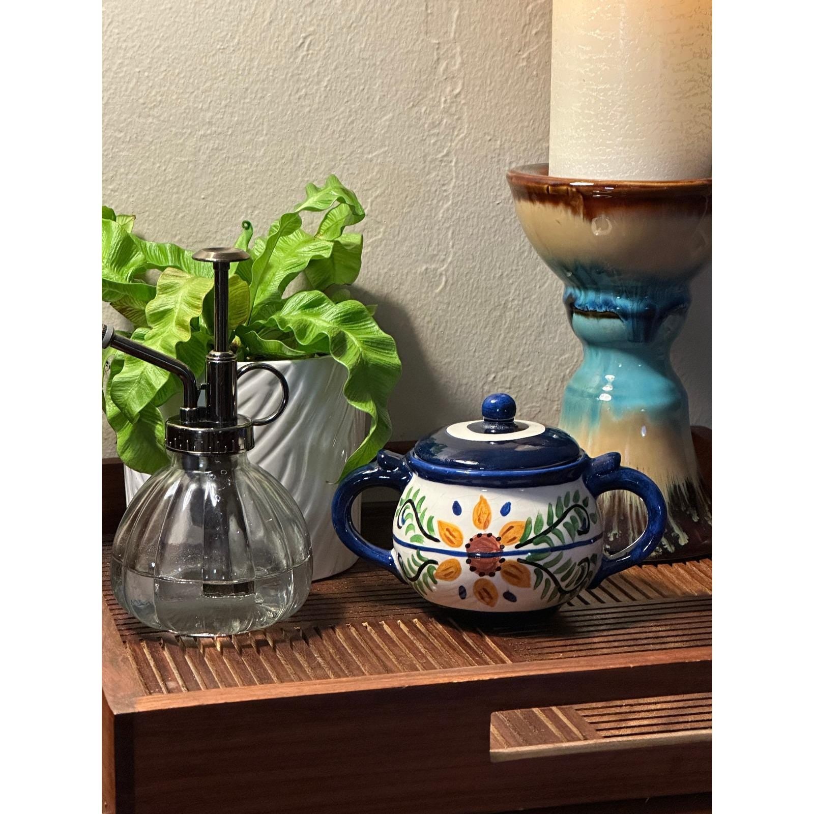 Hand-Painted El Salvador Pottery Sugar Bowl with Lid - Signed El Carte Ceramic Kitchenware