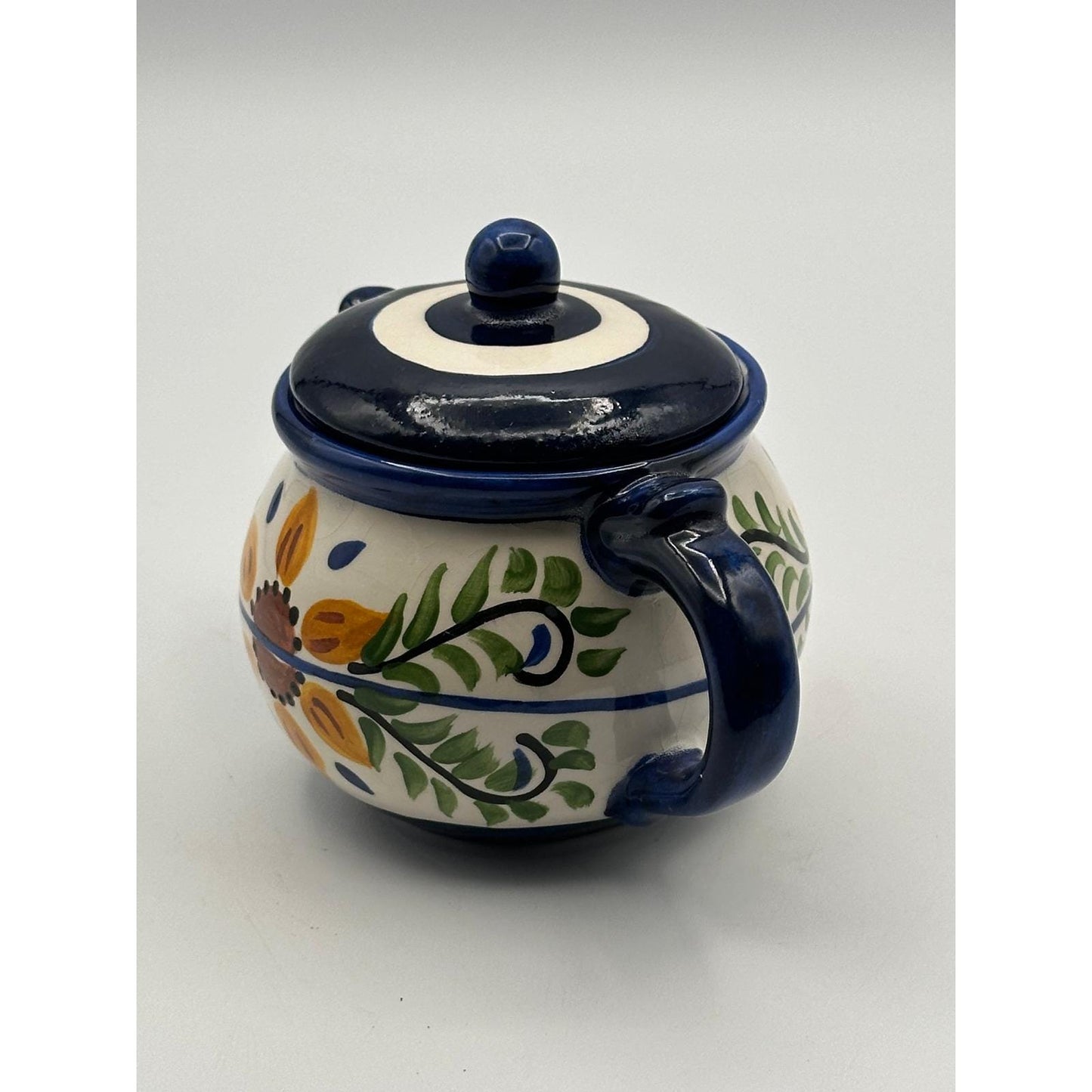 Hand-Painted El Salvador Pottery Sugar Bowl with Lid - Signed El Carte Ceramic Kitchenware