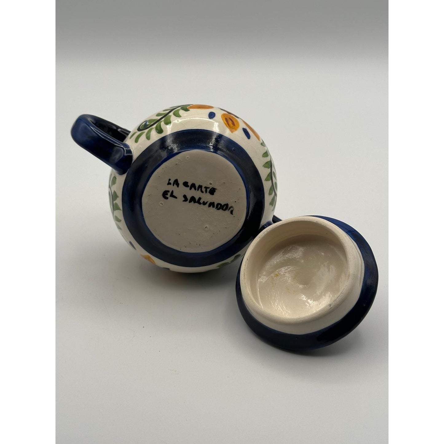Hand-Painted El Salvador Pottery Sugar Bowl with Lid - Signed El Carte Ceramic Kitchenware
