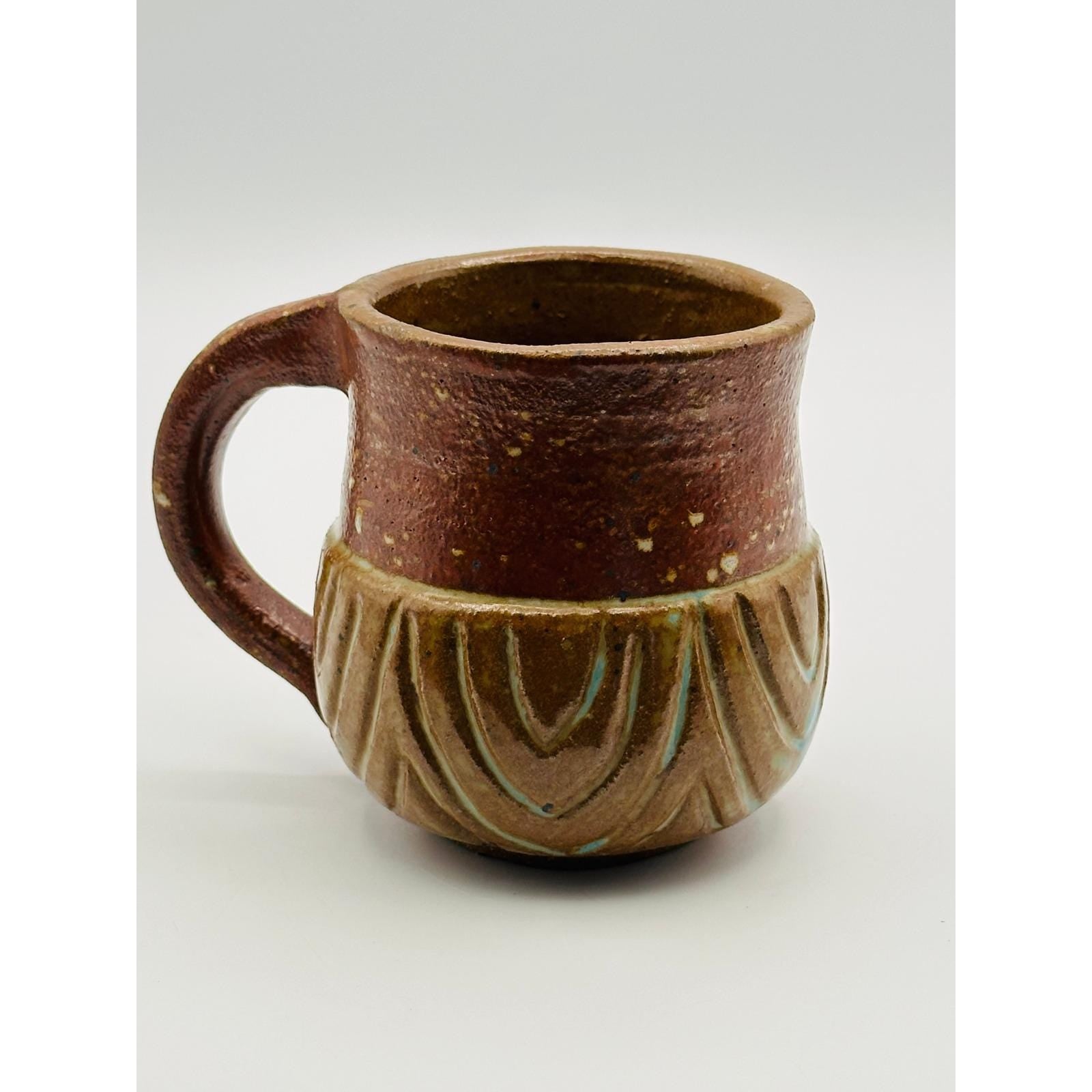 Handmade Studio Pottery Mug - Textured Carved Design, Rustic Brown Earth-Tone Ceramic Coffee Cup