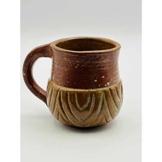 Handmade Studio Pottery Mug - Textured Carved Design, Rustic Brown Earth-Tone Ceramic Coffee Cup