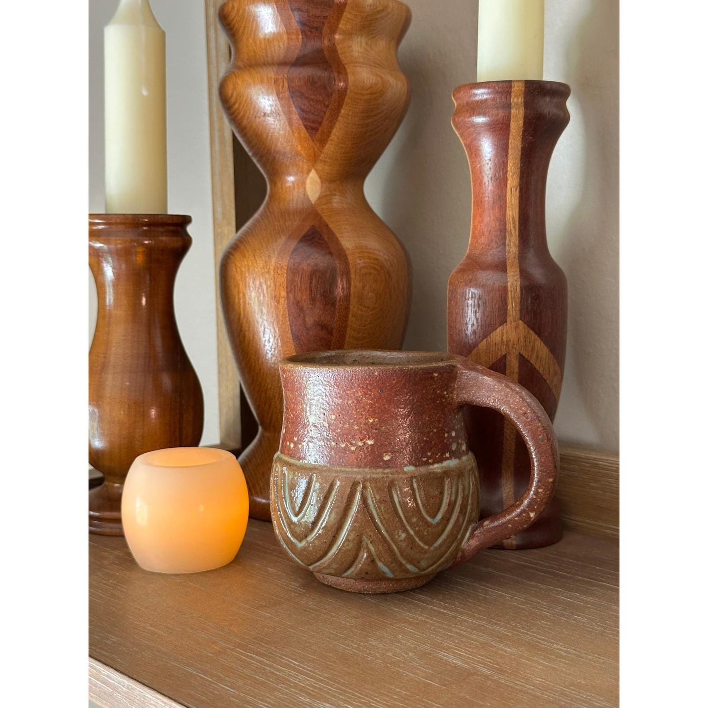 Handmade Studio Pottery Mug - Textured Carved Design, Rustic Brown Earth-Tone Ceramic Coffee Cup
