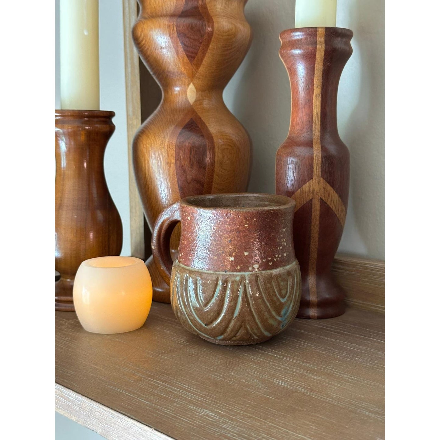 Handmade Studio Pottery Mug - Textured Carved Design, Rustic Brown Earth-Tone Ceramic Coffee Cup