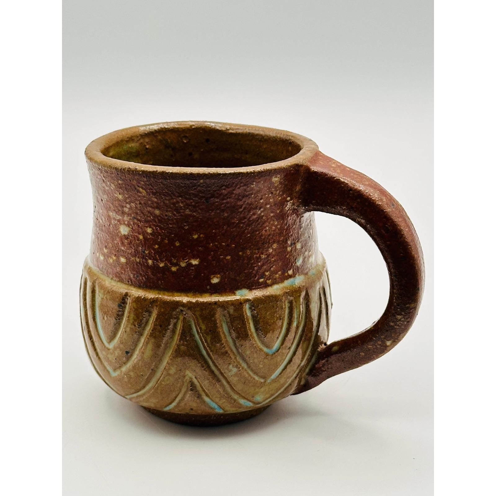Handmade Studio Pottery Mug - Textured Carved Design, Rustic Brown Earth-Tone Ceramic Coffee Cup