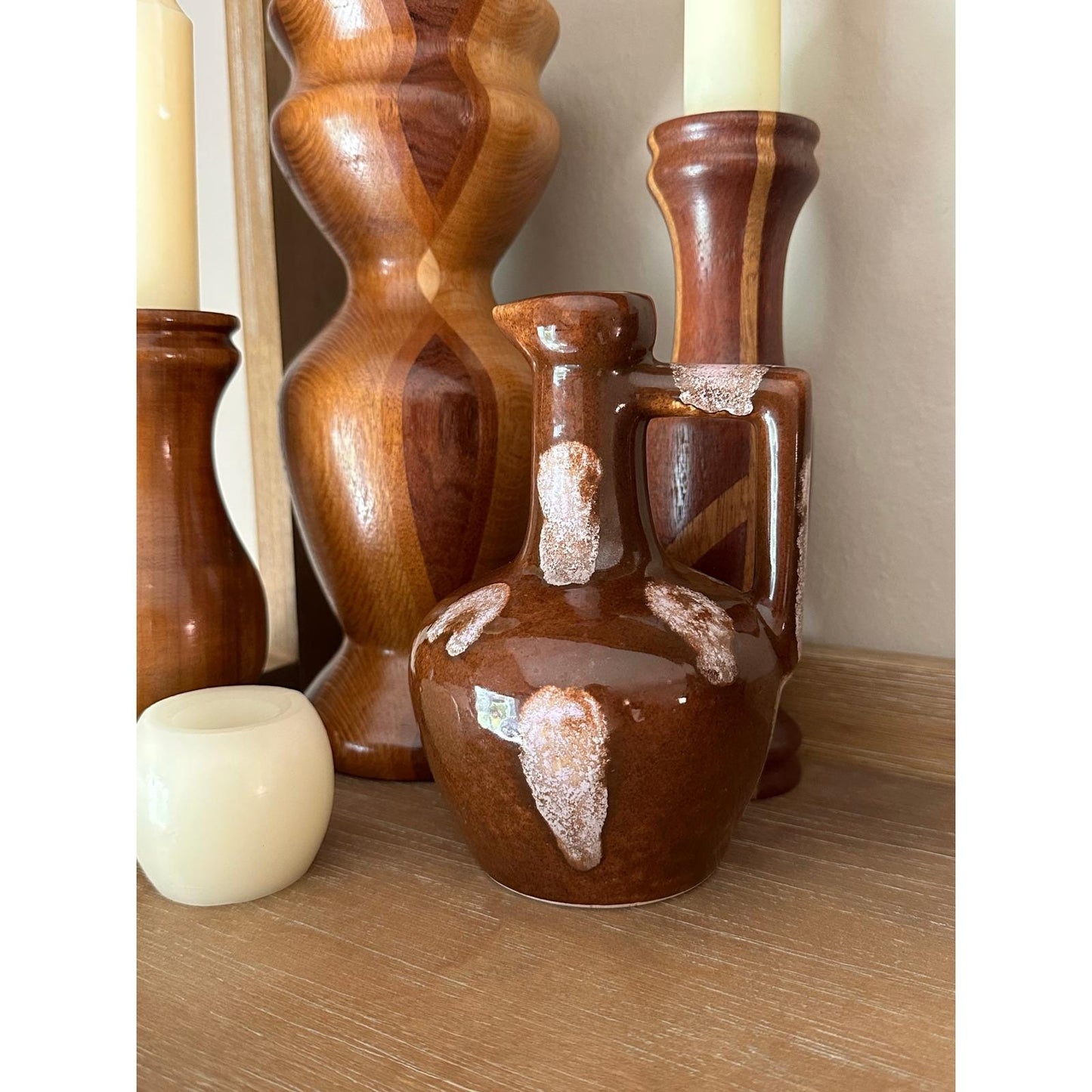 Vintage Pottery Brown Drip Glaze Pitcher - Handmade Ceramic Water Jug with Unique Square Handle