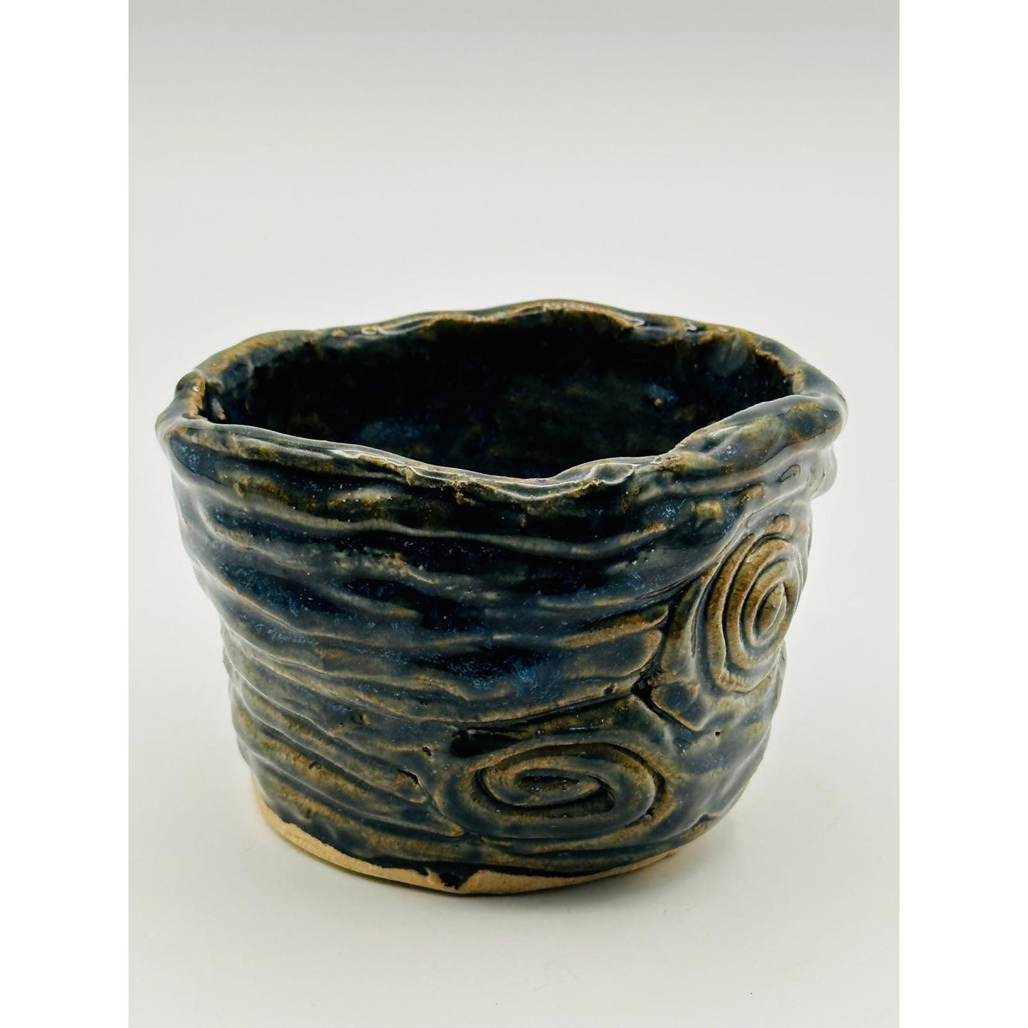 Handmade Studio Pottery Pot - Textured Blue Swirl Design Artist Signed Ceramic Vessel
