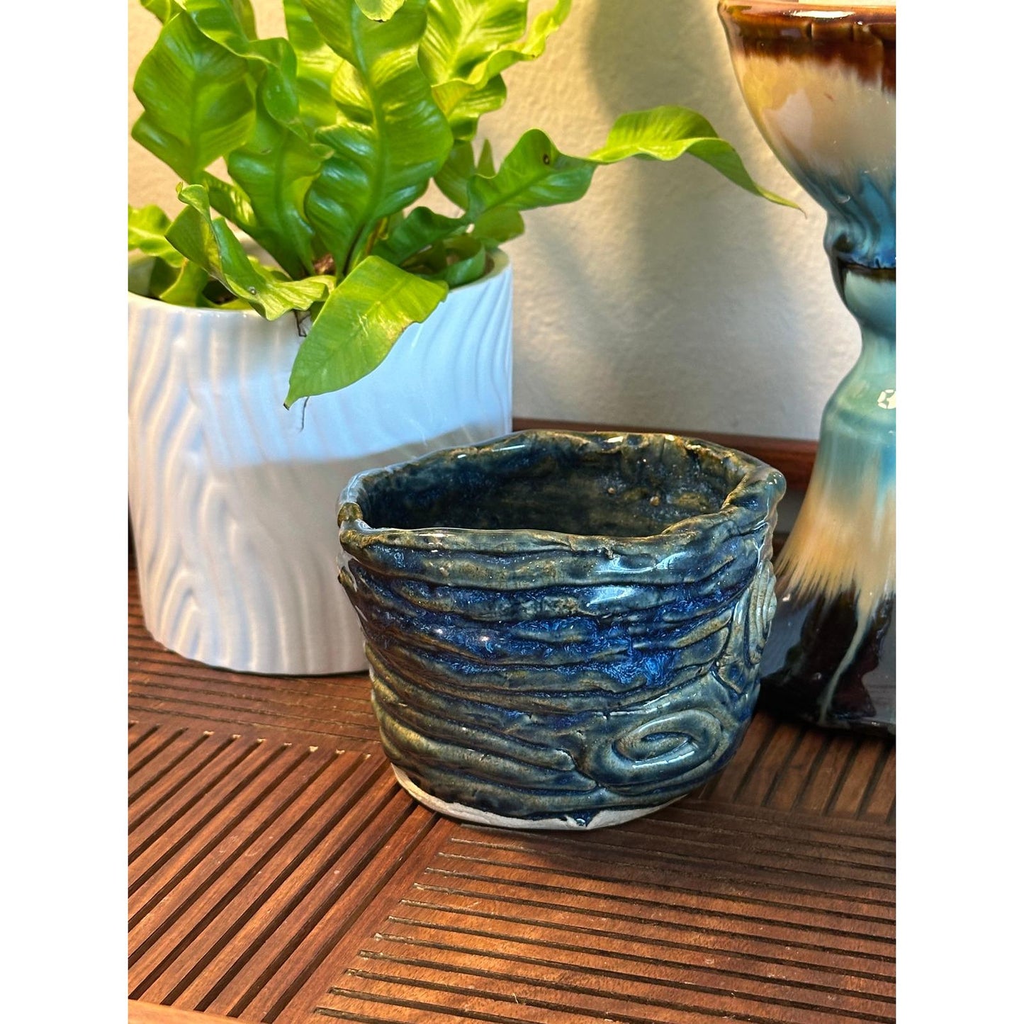 Handmade Studio Pottery Pot - Textured Blue Swirl Design Artist Signed Ceramic Vessel