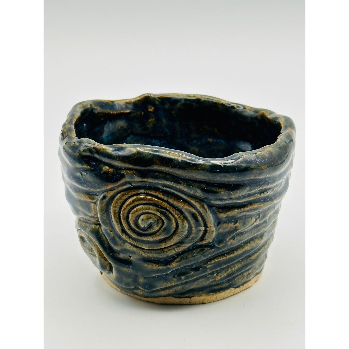 Handmade Studio Pottery Pot - Textured Blue Swirl Design Artist Signed Ceramic Vessel