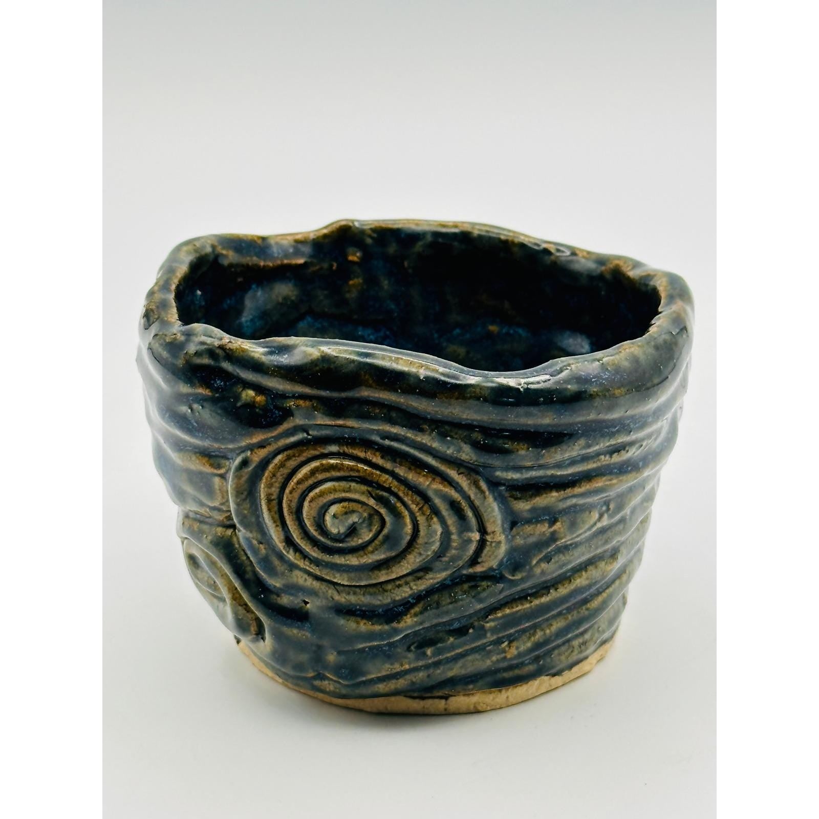 Handmade Studio Pottery Pot - Textured Blue Swirl Design Artist Signed Ceramic Vessel