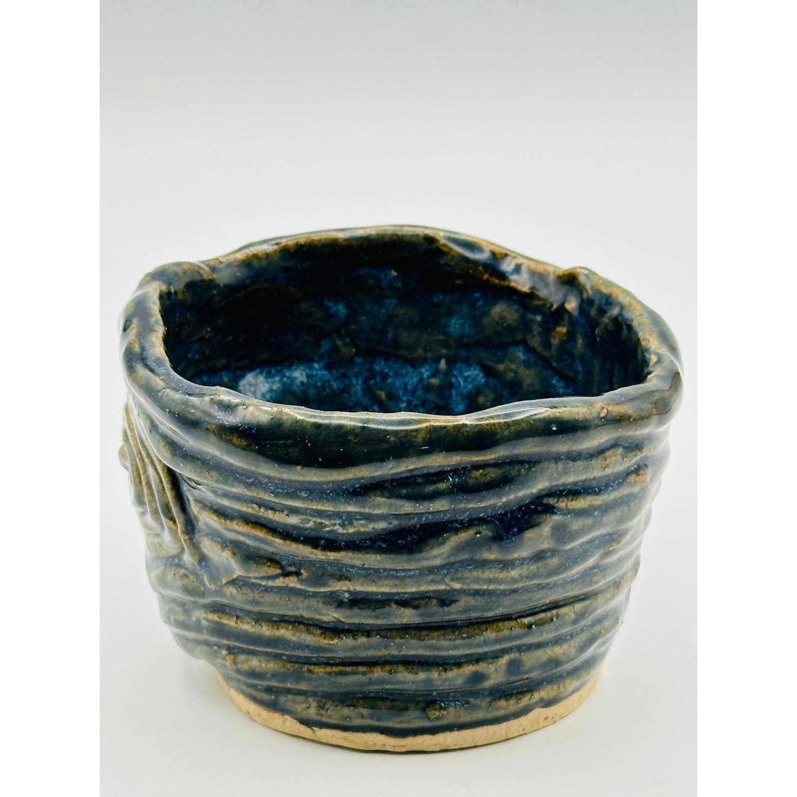 Handmade Studio Pottery Pot - Textured Blue Swirl Design Artist Signed Ceramic Vessel
