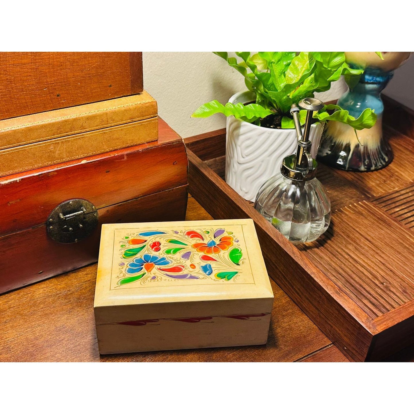 Vintage Hand-Painted Floral Wooden Trinket Box - Boho Decor Jewelry Storage Keepsake