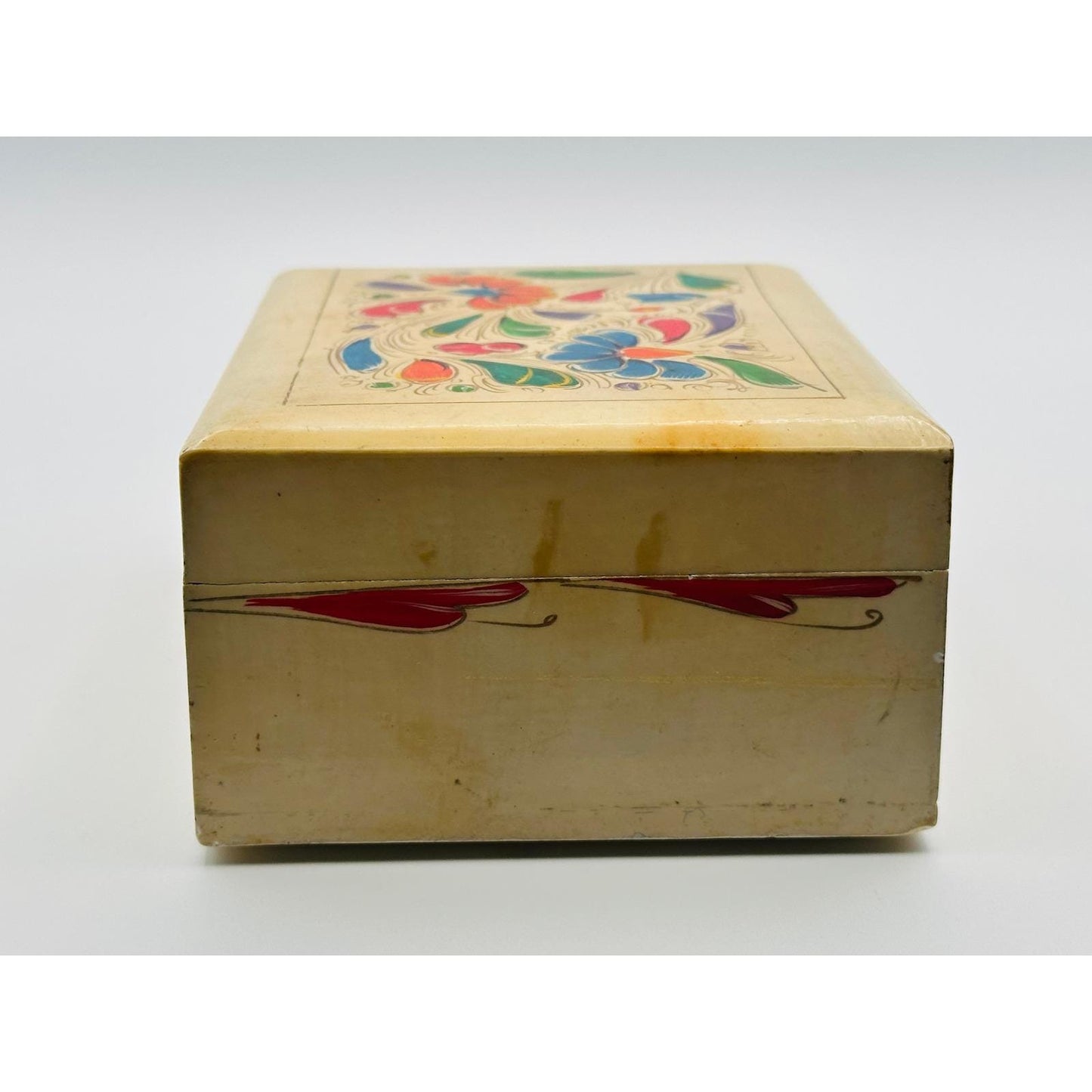 Vintage Hand-Painted Floral Wooden Trinket Box - Boho Decor Jewelry Storage Keepsake