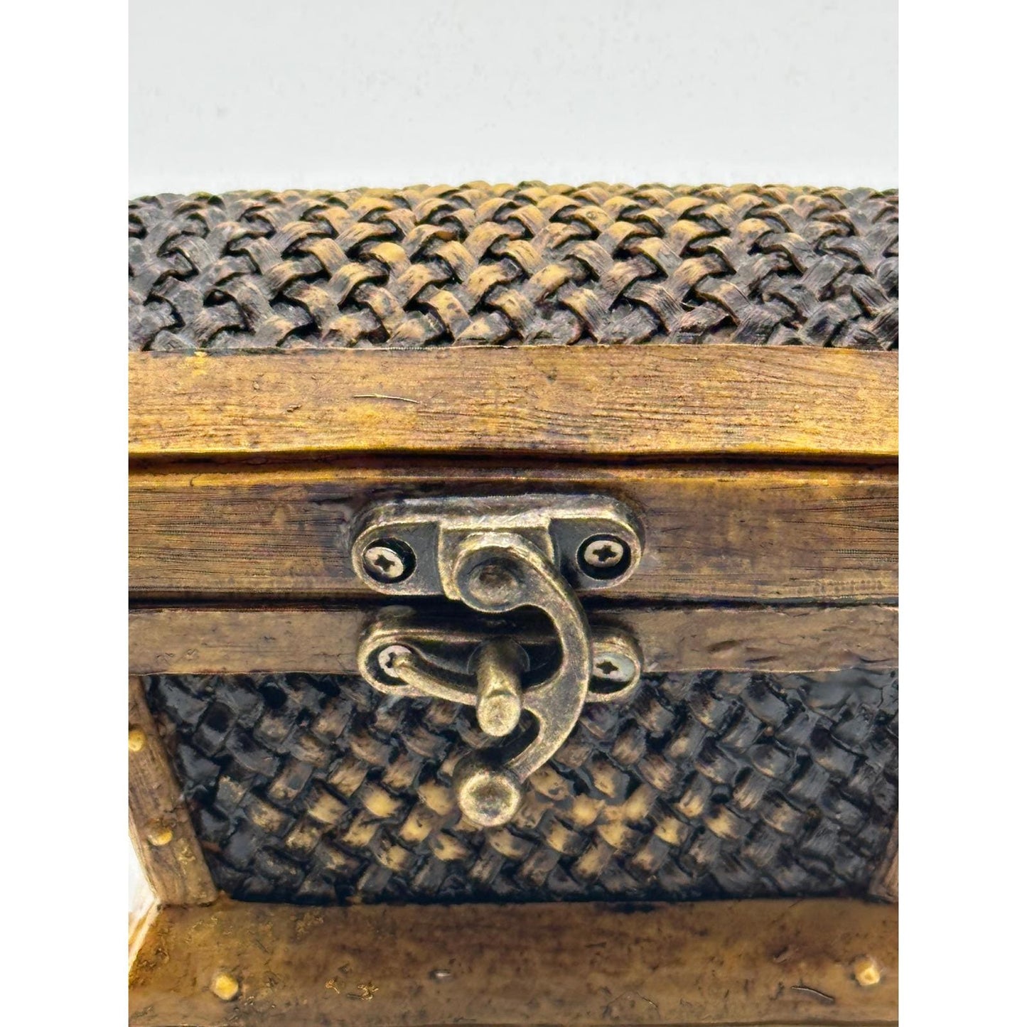 Vintage Treasure Chest Trinket Box Faux Woven Wood with Metal Latch