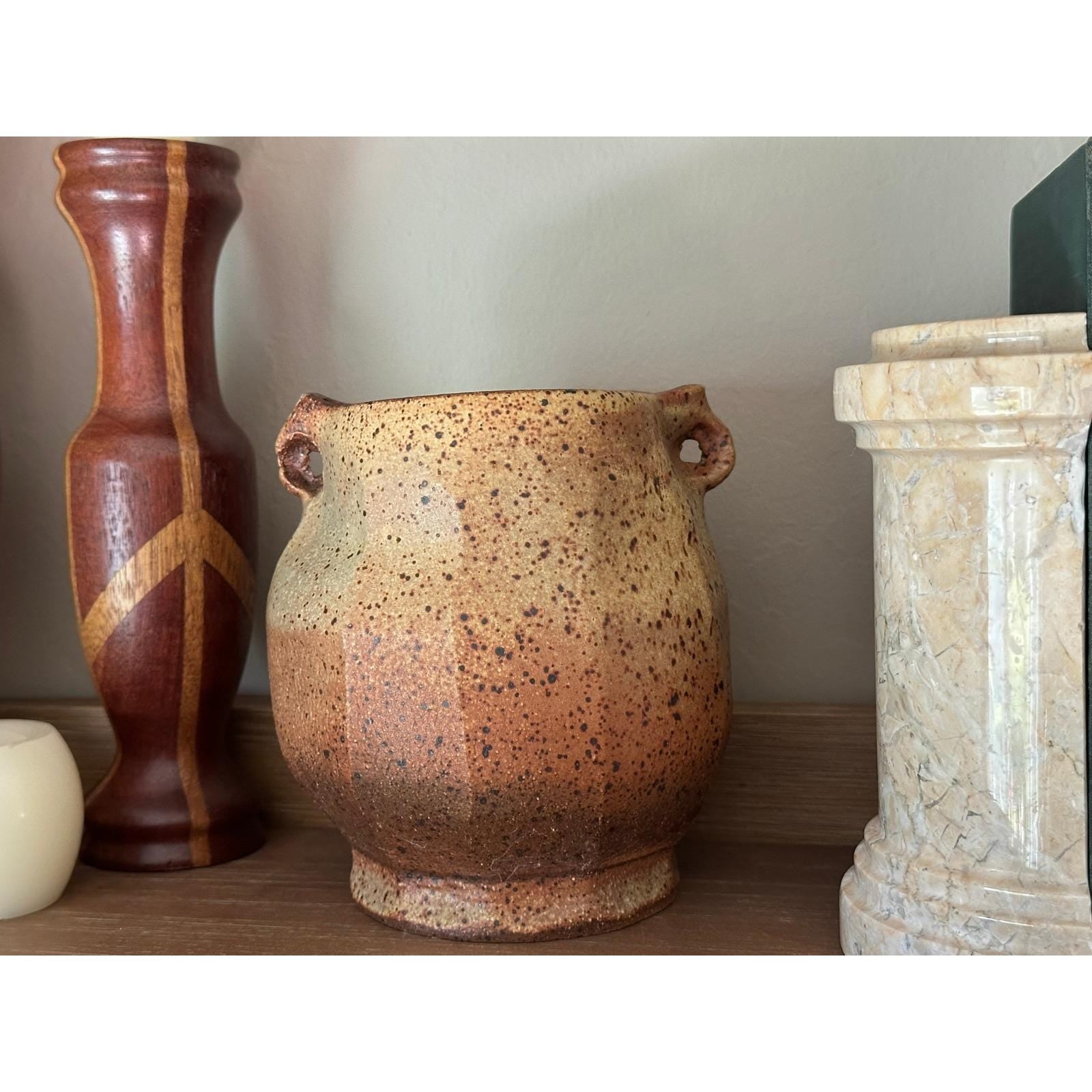 Handmade Artist Signed Stoneware Vase 6" Rustic Speckled Studio Pottery Ceramic Vessel