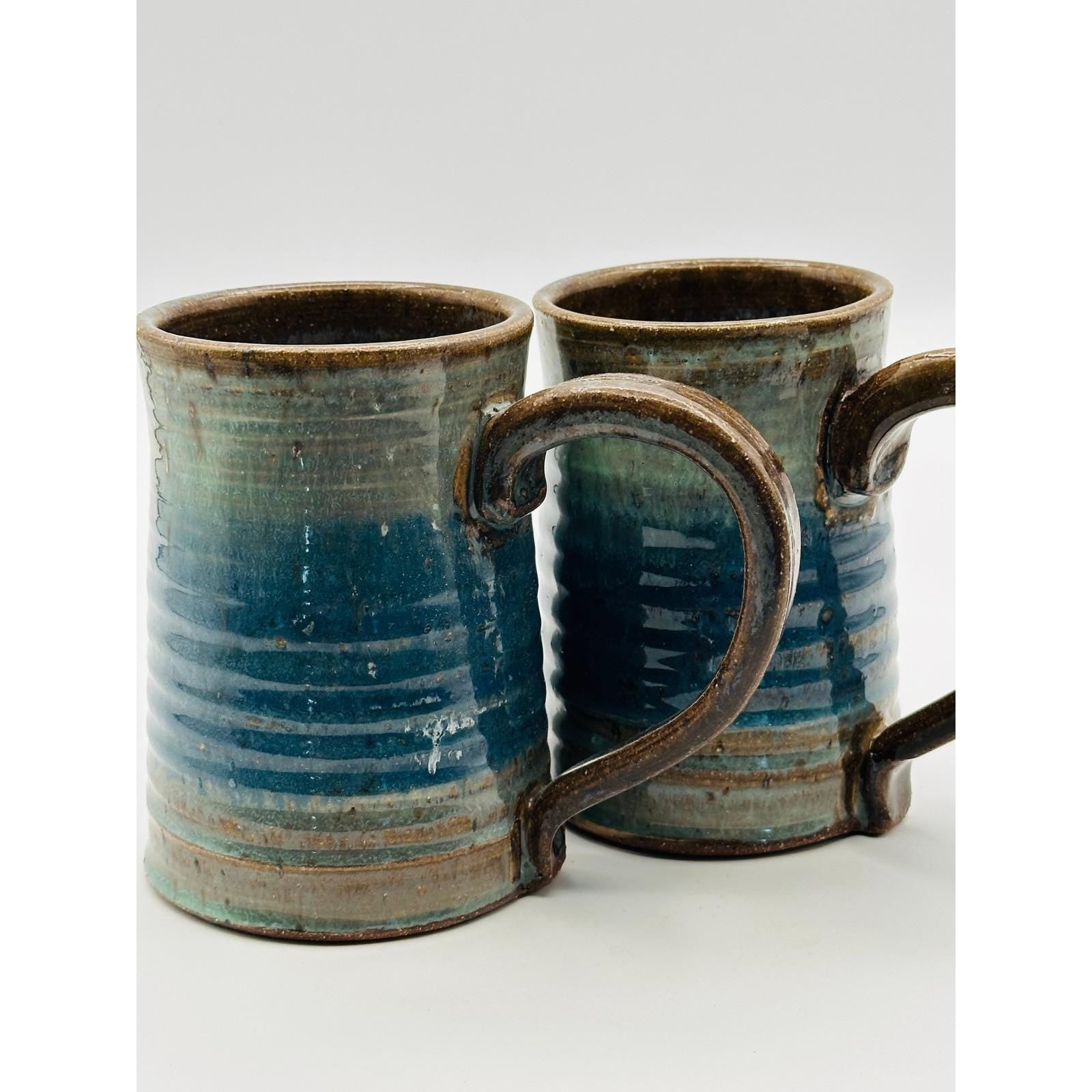 Pair of Handmade Artist Signed Pottery Mugs – Blue Green Studio Stoneware