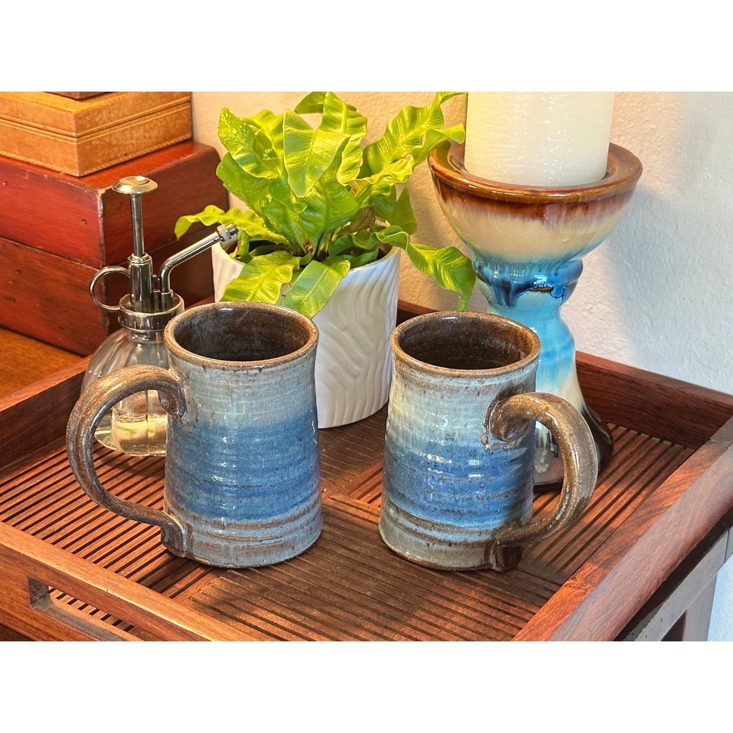 Pair of Handmade Artist Signed Pottery Mugs – Blue Green Studio Stoneware