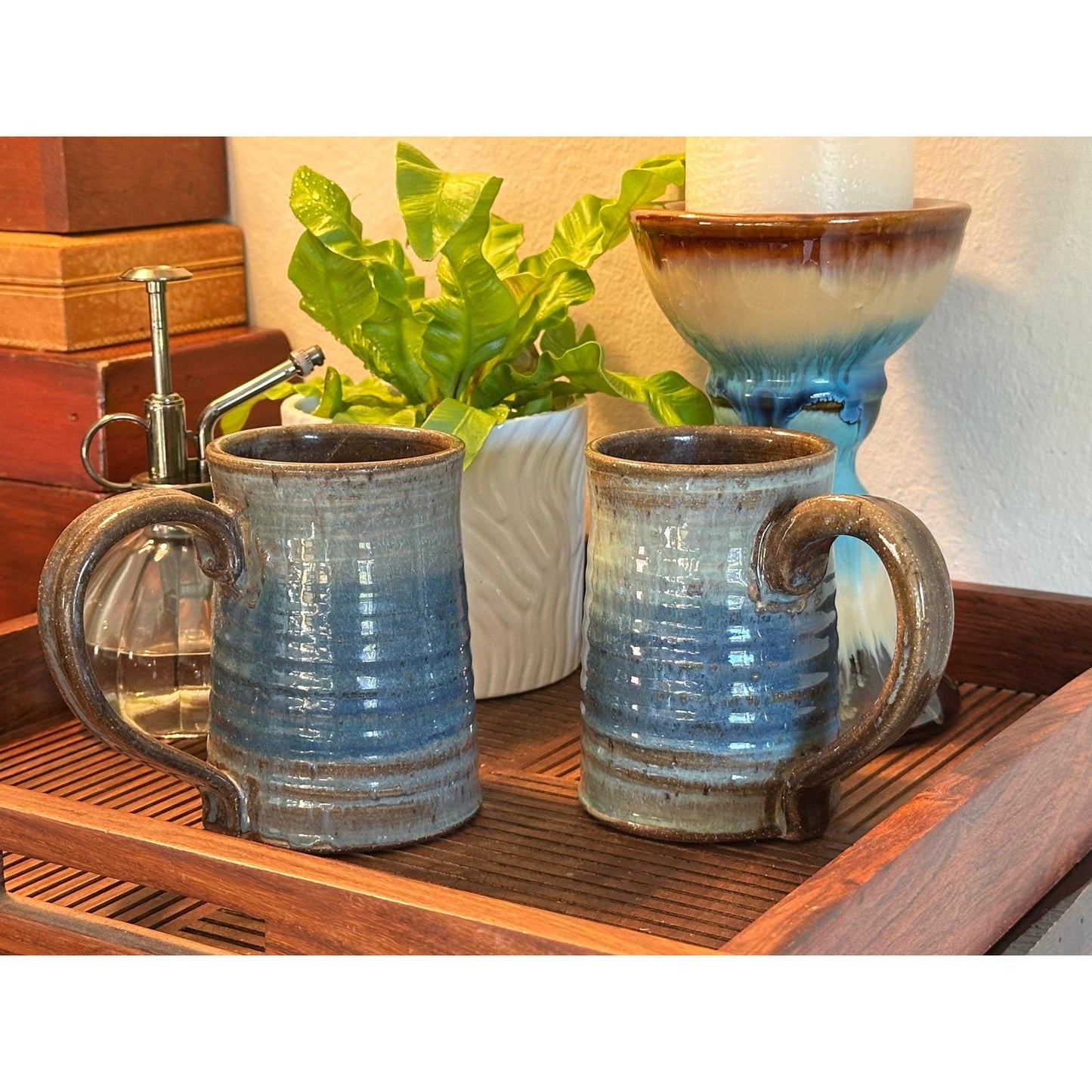 Pair of Handmade Artist Signed Pottery Mugs – Blue Green Studio Stoneware