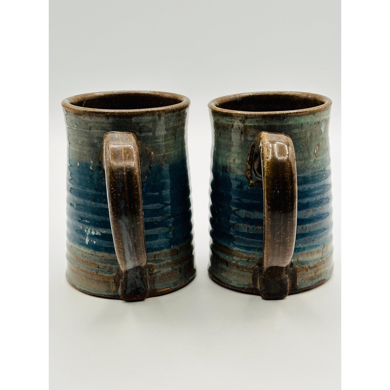 Pair of Handmade Artist Signed Pottery Mugs – Blue Green Studio Stoneware