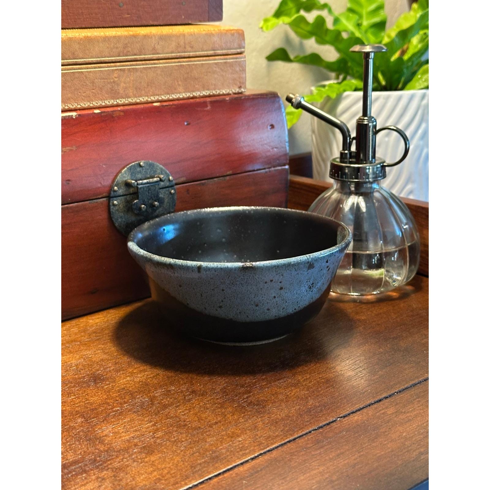 Handmade Artist Signed Pottery Bowl 5 inch Studio Stoneware Blue Black Glaze Ceramic Tableware