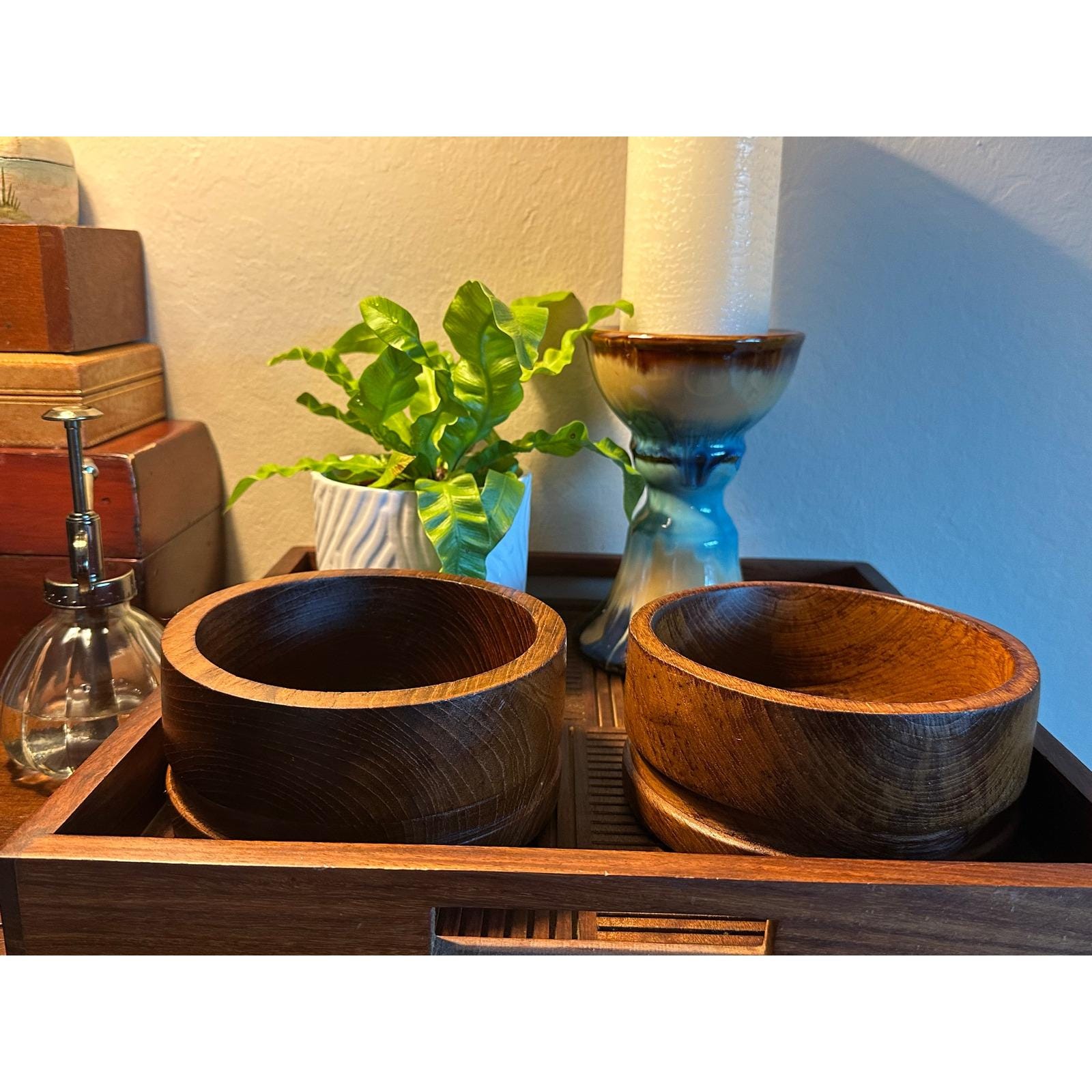 Vintage Teak Wood Serving Bowls Set of 2 - Mid Century Modern Solid Wooden Kitchen Decor