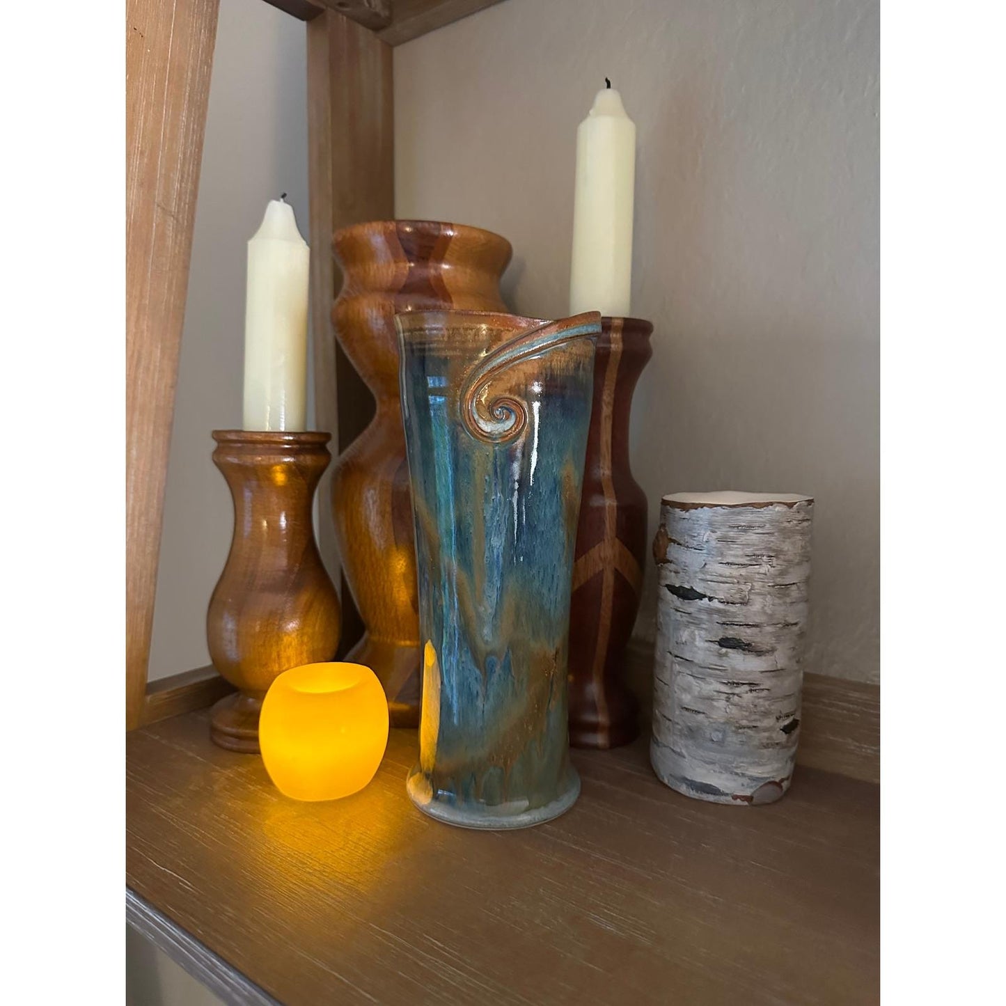 Tall Handmade Studio Pottery Vase Blue Green Drip Glaze Ceramic Vessel Contemporary Decor