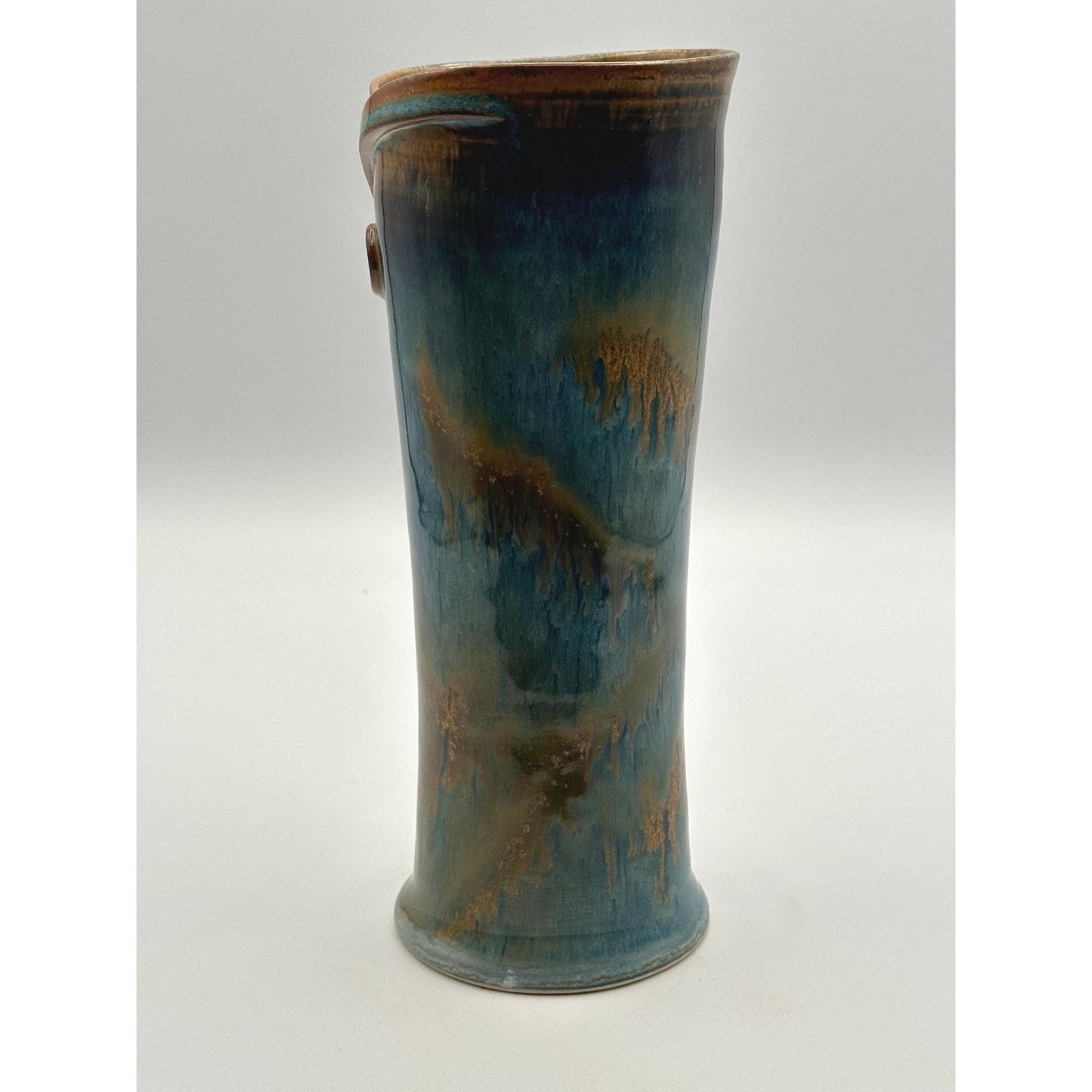 Tall Handmade Studio Pottery Vase Blue Green Drip Glaze Ceramic Vessel Contemporary Decor