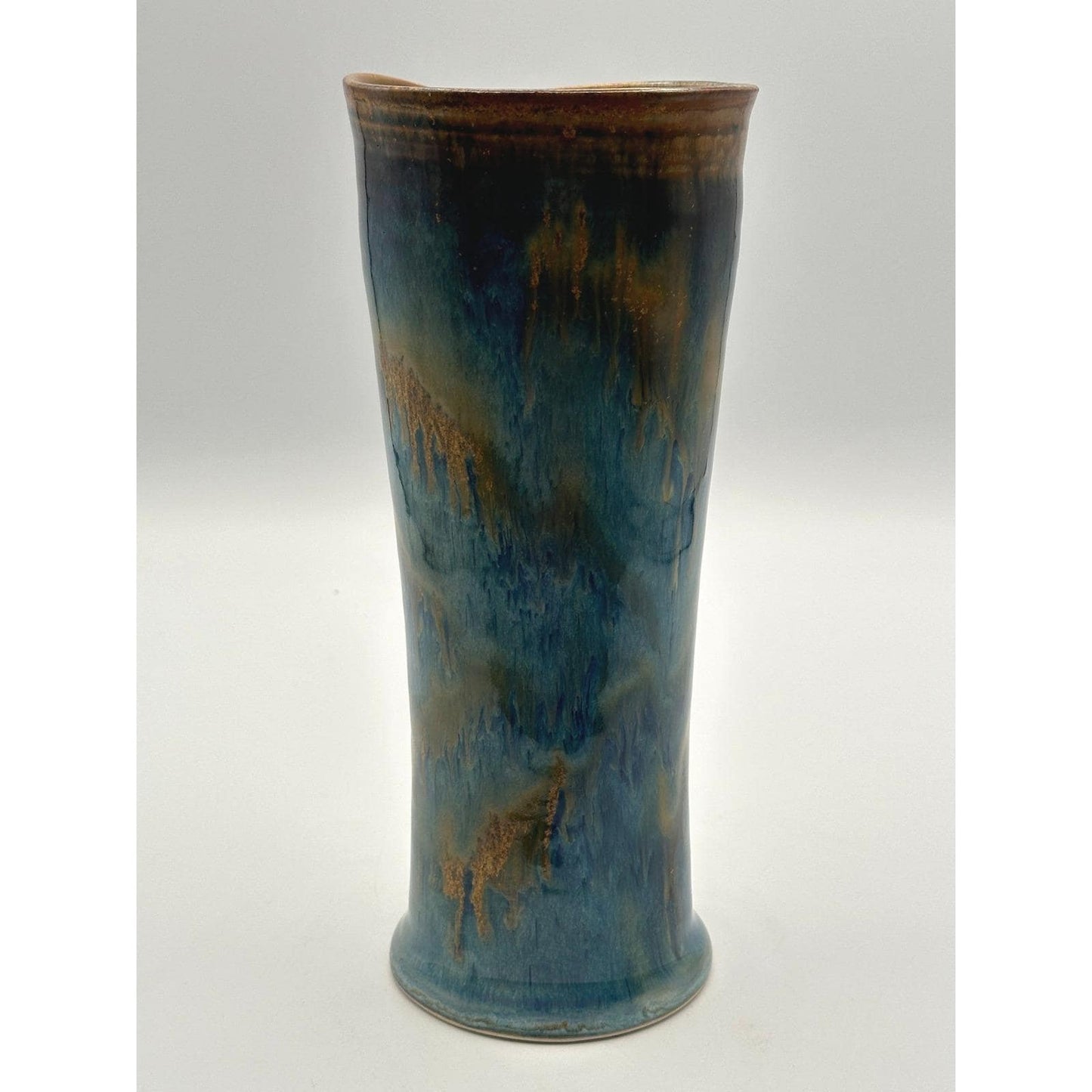 Tall Handmade Studio Pottery Vase Blue Green Drip Glaze Ceramic Vessel Contemporary Decor