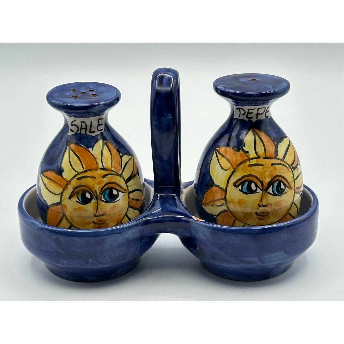 Vintage Italian Ceramic Hand Painted Salt & Pepper Shaker Set with Caddy Made in Italy