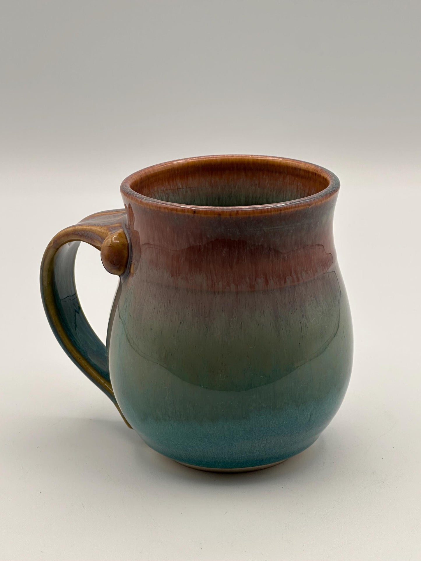 Artist Signed Handmade Pottery Mug Studio Ceramic Coffee Cup Blue Green Brown Drip Glaze Stoneware