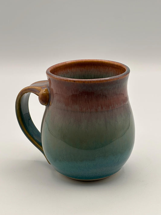 Artist Signed Handmade Pottery Mug Studio Ceramic Coffee Cup Blue Green Brown Drip Glaze Stoneware