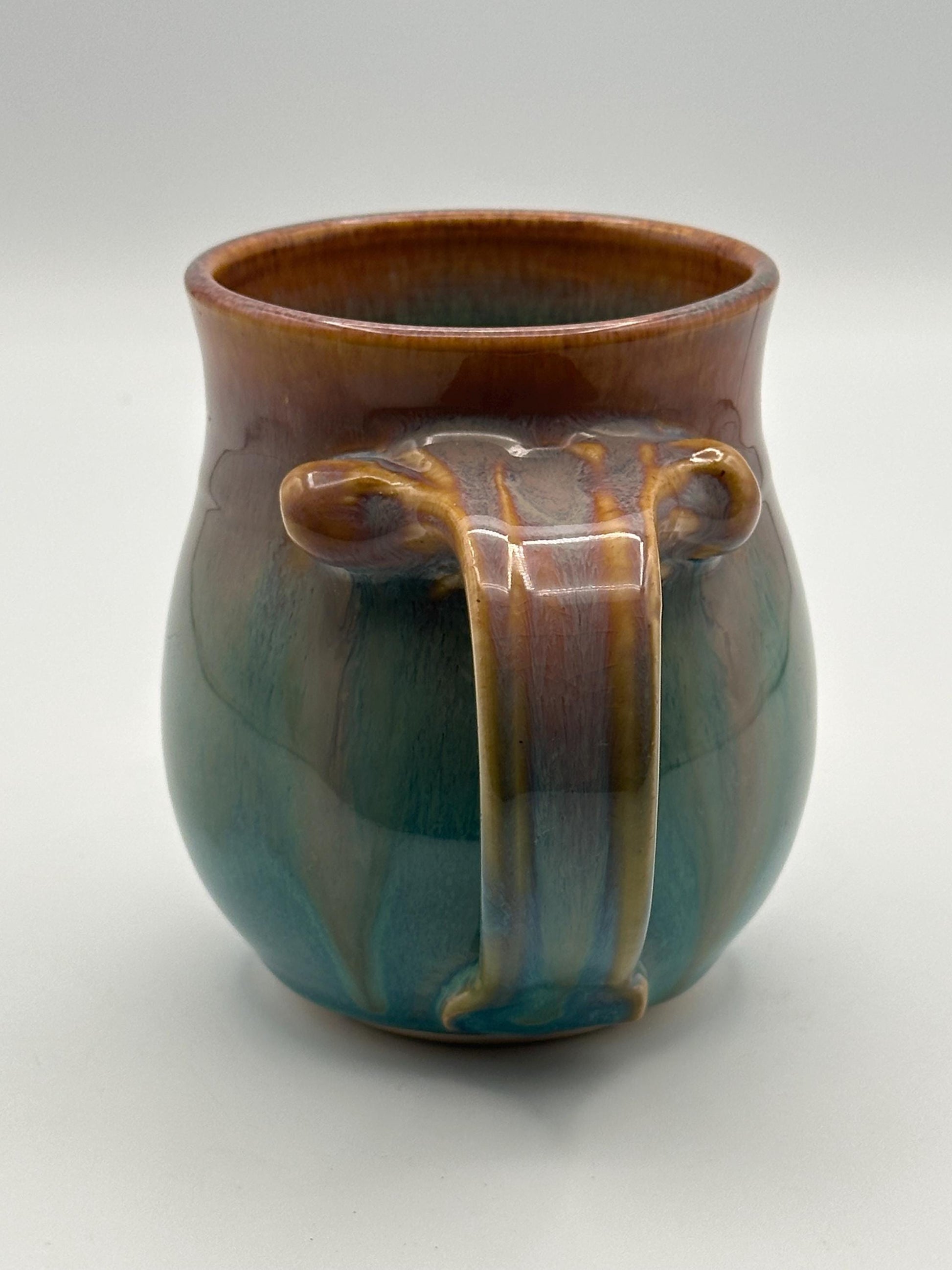 Artist Signed Handmade Pottery Mug Studio Ceramic Coffee Cup Blue Green Brown Drip Glaze Stoneware