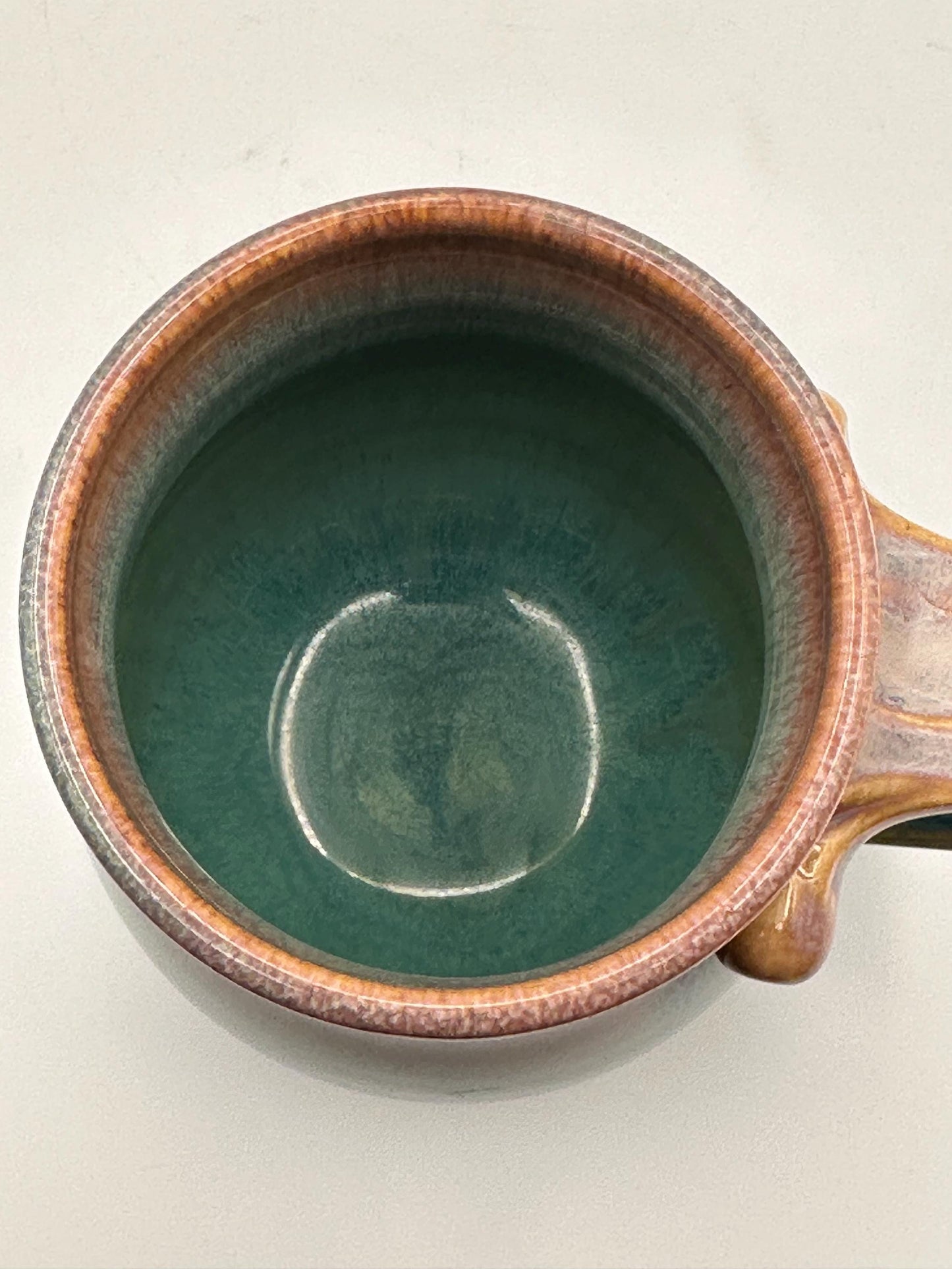 Artist Signed Handmade Pottery Mug Studio Ceramic Coffee Cup Blue Green Brown Drip Glaze Stoneware