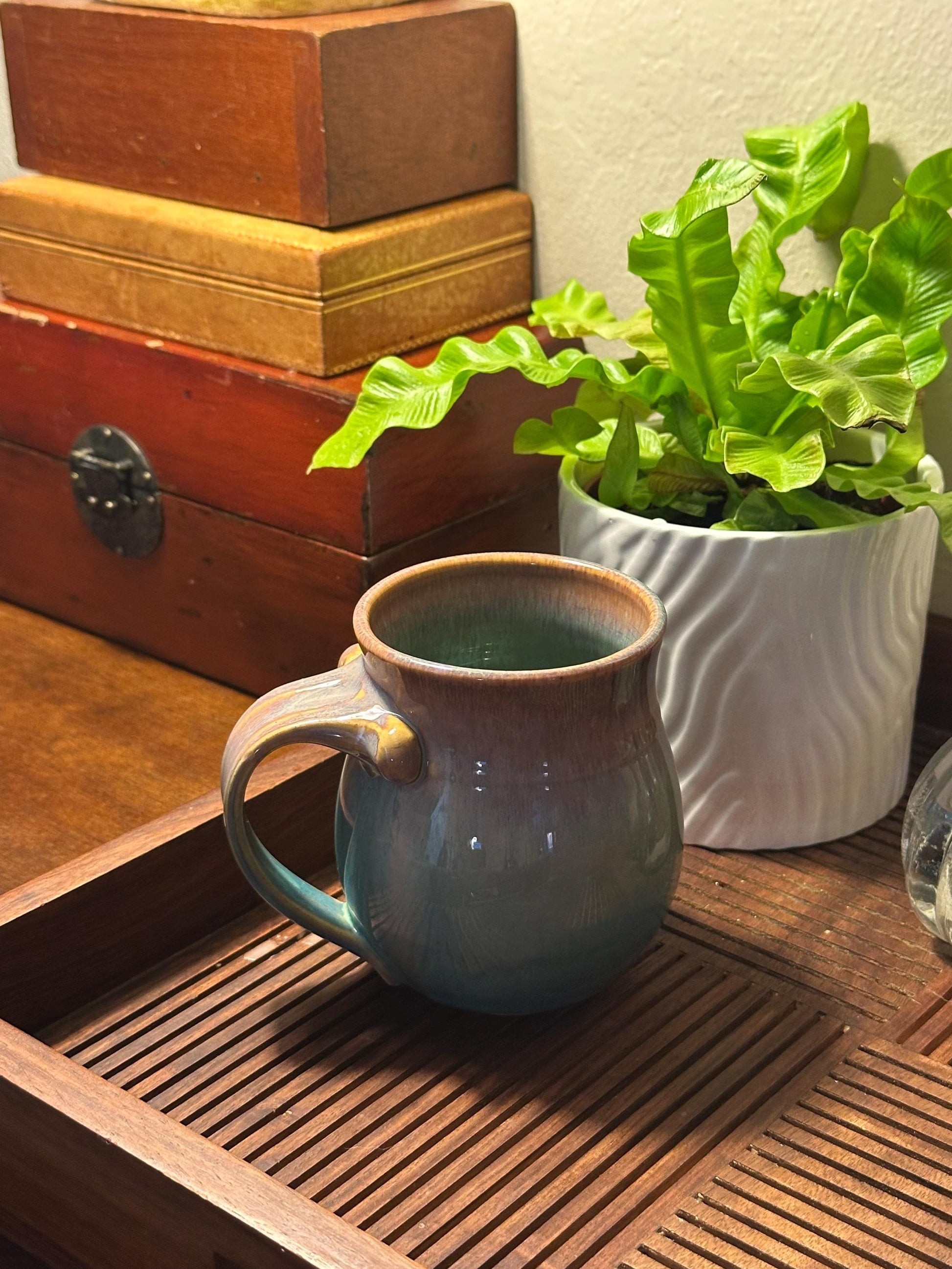 Artist Signed Handmade Pottery Mug Studio Ceramic Coffee Cup Blue Green Brown Drip Glaze Stoneware